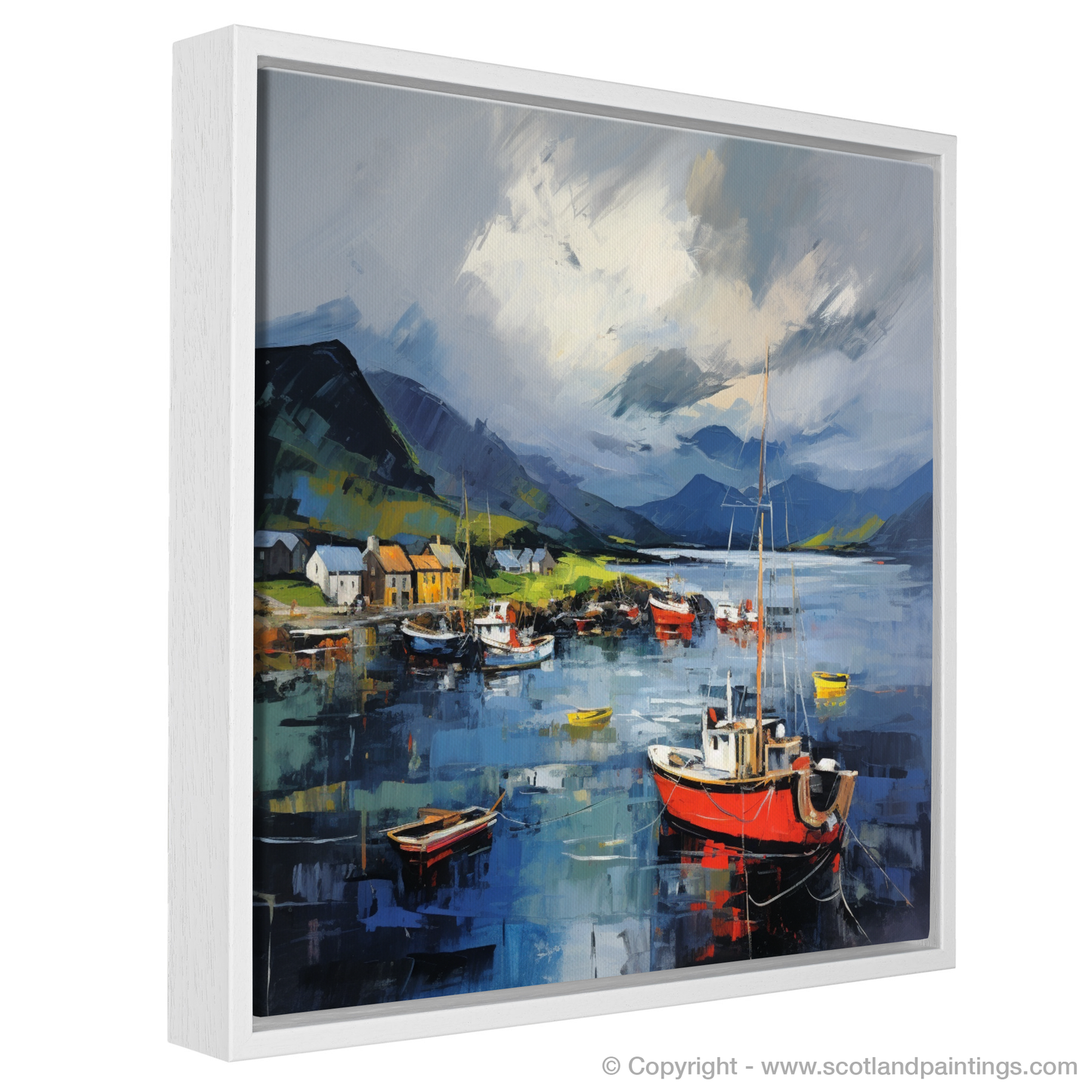 Painting and Art Print of Lochranza Harbour with a stormy sky. Storm's Embrace over Lochranza Harbour.