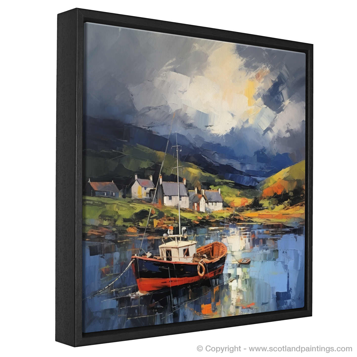 Painting and Art Print of Lochranza Harbour with a stormy sky. Storm's Embrace: Lochranza Harbour Revealed.