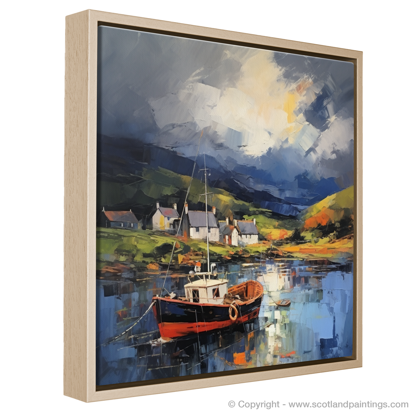 Painting and Art Print of Lochranza Harbour with a stormy sky. Storm's Embrace: Lochranza Harbour Revealed.