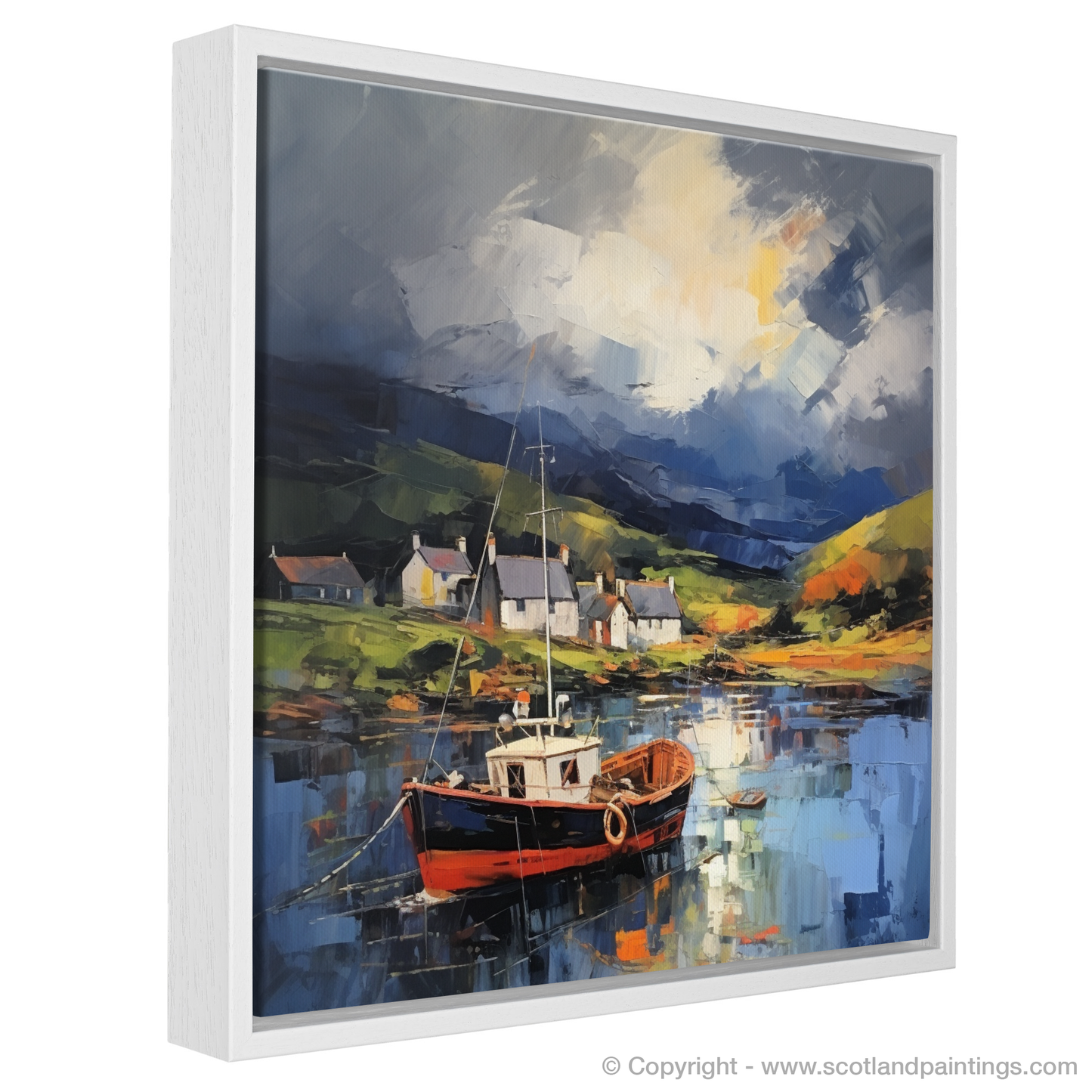 Painting and Art Print of Lochranza Harbour with a stormy sky. Storm's Embrace: Lochranza Harbour Revealed.