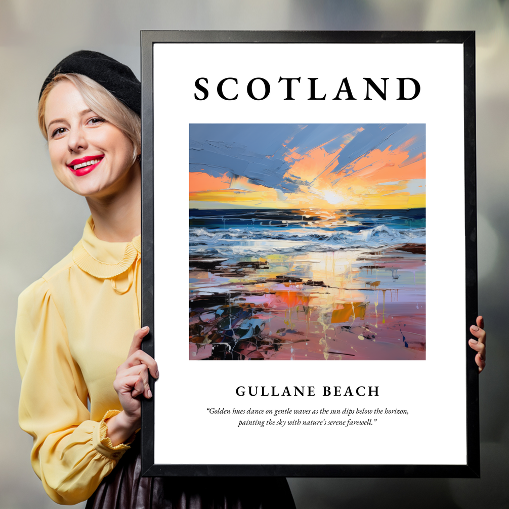 Person holding a poster of Gullane Beach