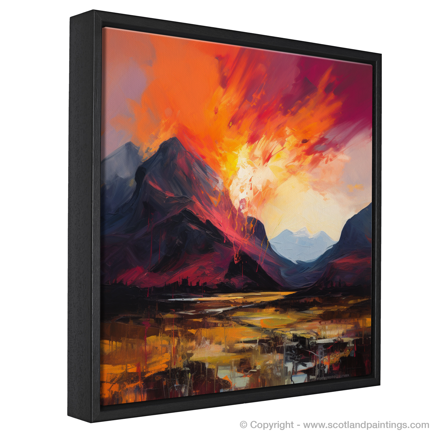 Painting and Art Print of Fiery sky over peaks in Glencoe entitled "Fiery Sky Dance over Glencoe Peaks".