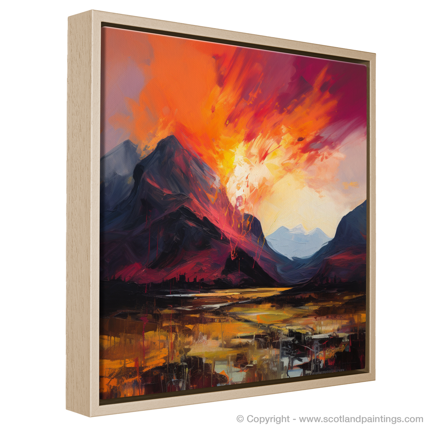 Painting and Art Print of Fiery sky over peaks in Glencoe entitled "Fiery Sky Dance over Glencoe Peaks".