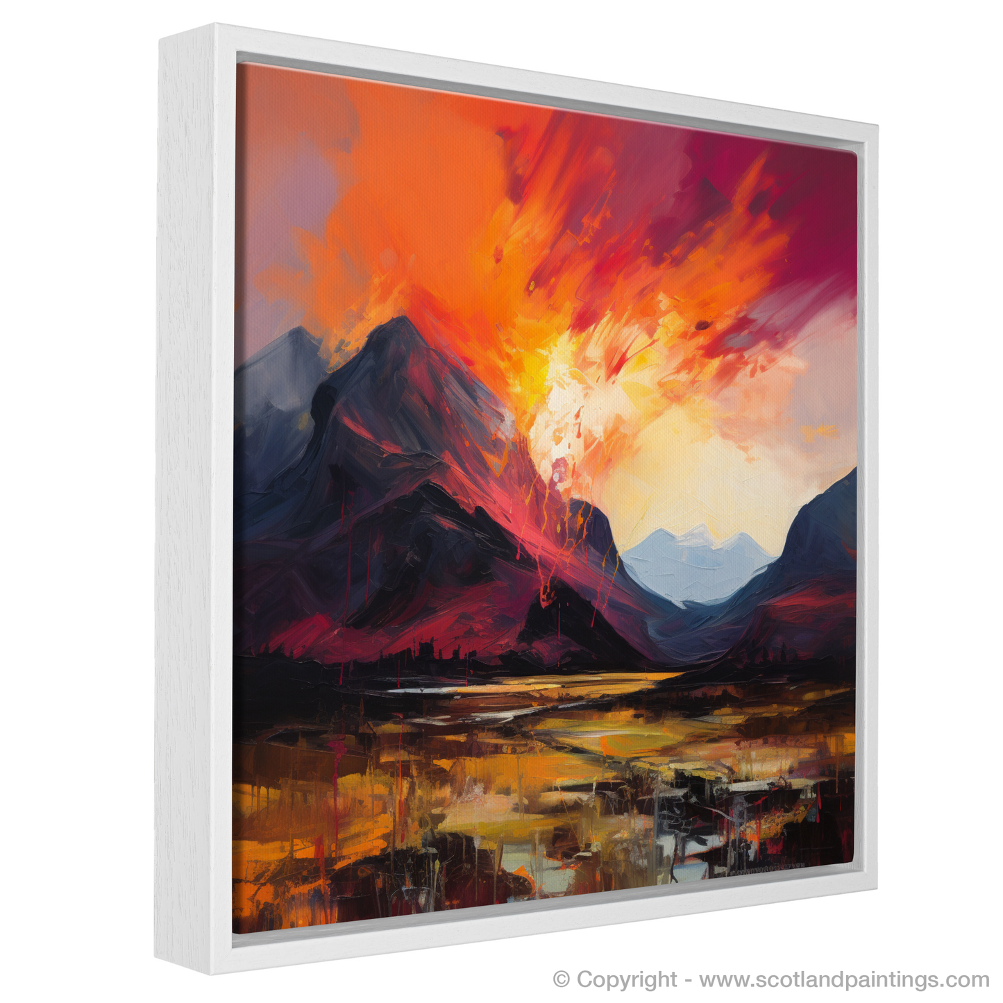 Painting and Art Print of Fiery sky over peaks in Glencoe entitled "Fiery Sky Dance over Glencoe Peaks".