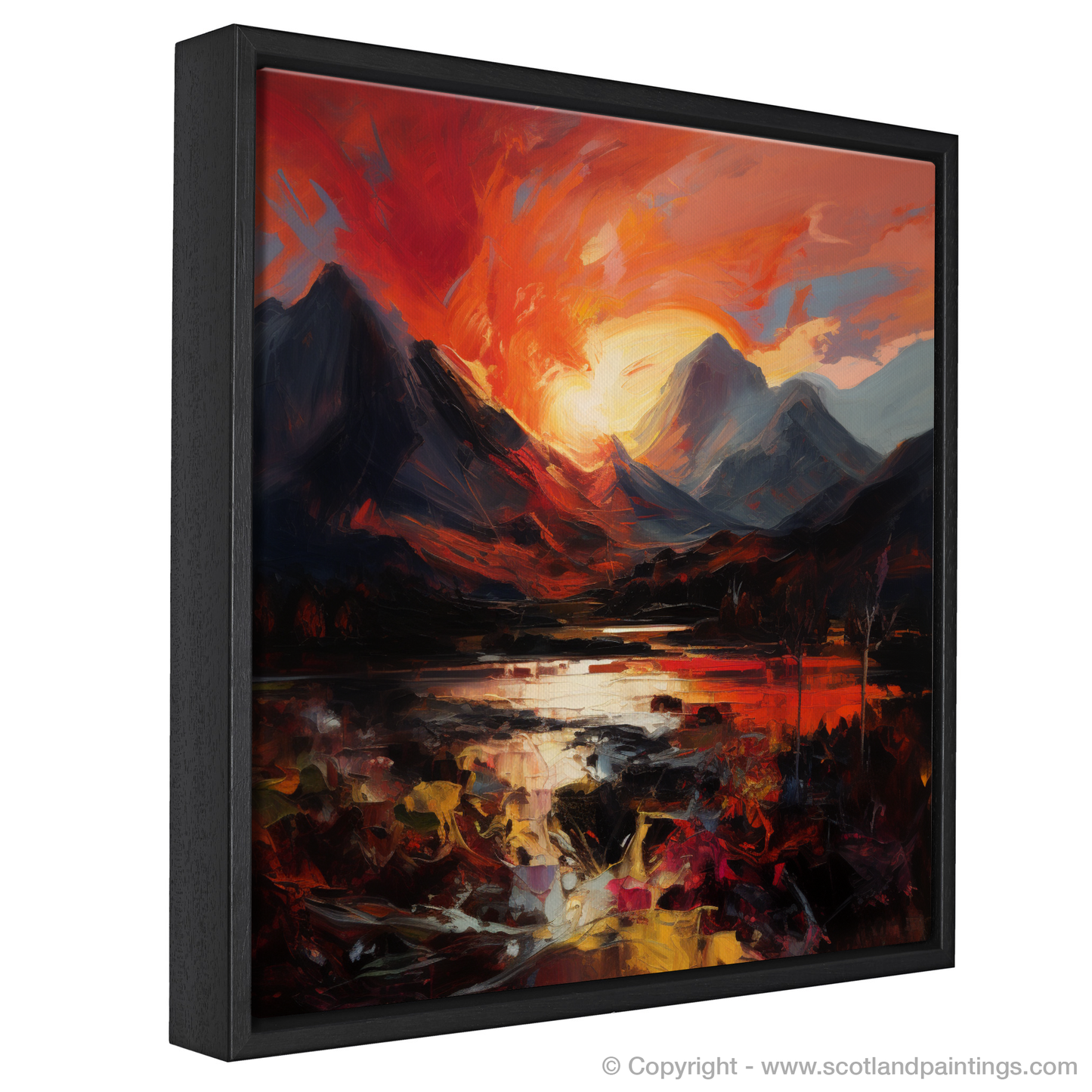 Painting and Art Print of Fiery sky over peaks in Glencoe entitled "Fiery Sunset over Glencoe Peaks".