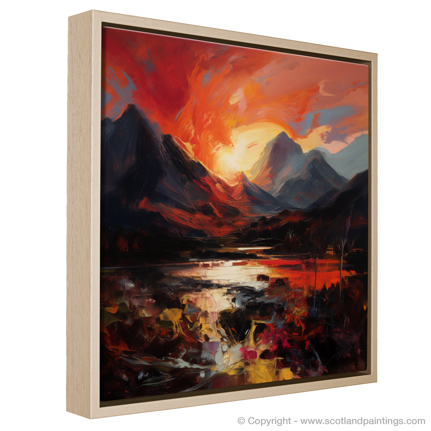 Painting and Art Print of Fiery sky over peaks in Glencoe entitled "Fiery Sunset over Glencoe Peaks".