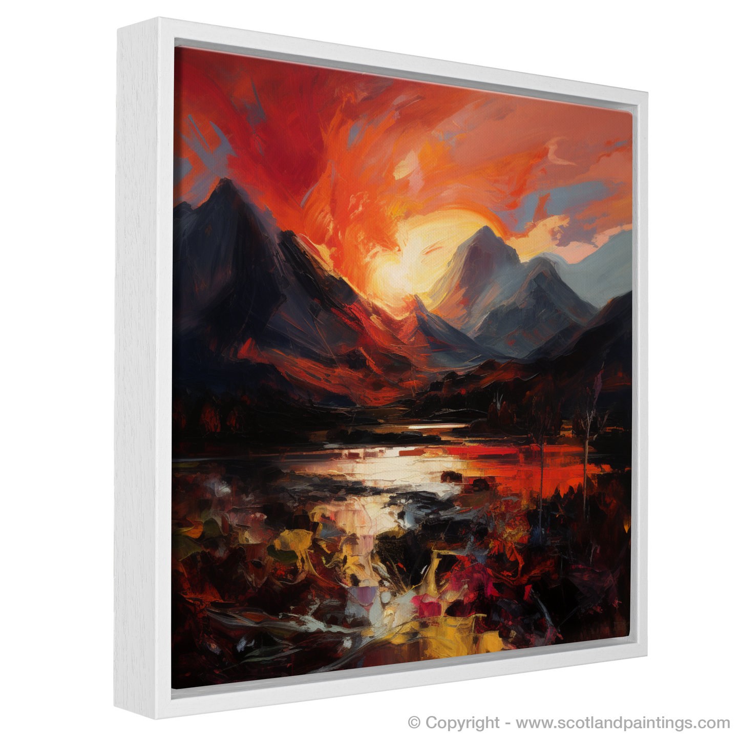 Painting and Art Print of Fiery sky over peaks in Glencoe entitled "Fiery Sunset over Glencoe Peaks".