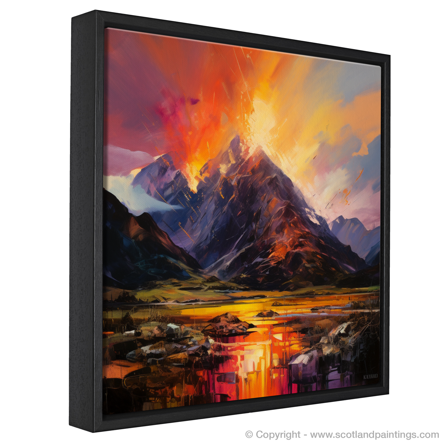 Painting and Art Print of Fiery sky over peaks in Glencoe entitled "Fiery Sky Over Glencoe Peaks: An Expressionist Tribute to Scotland's Wild Beauty".