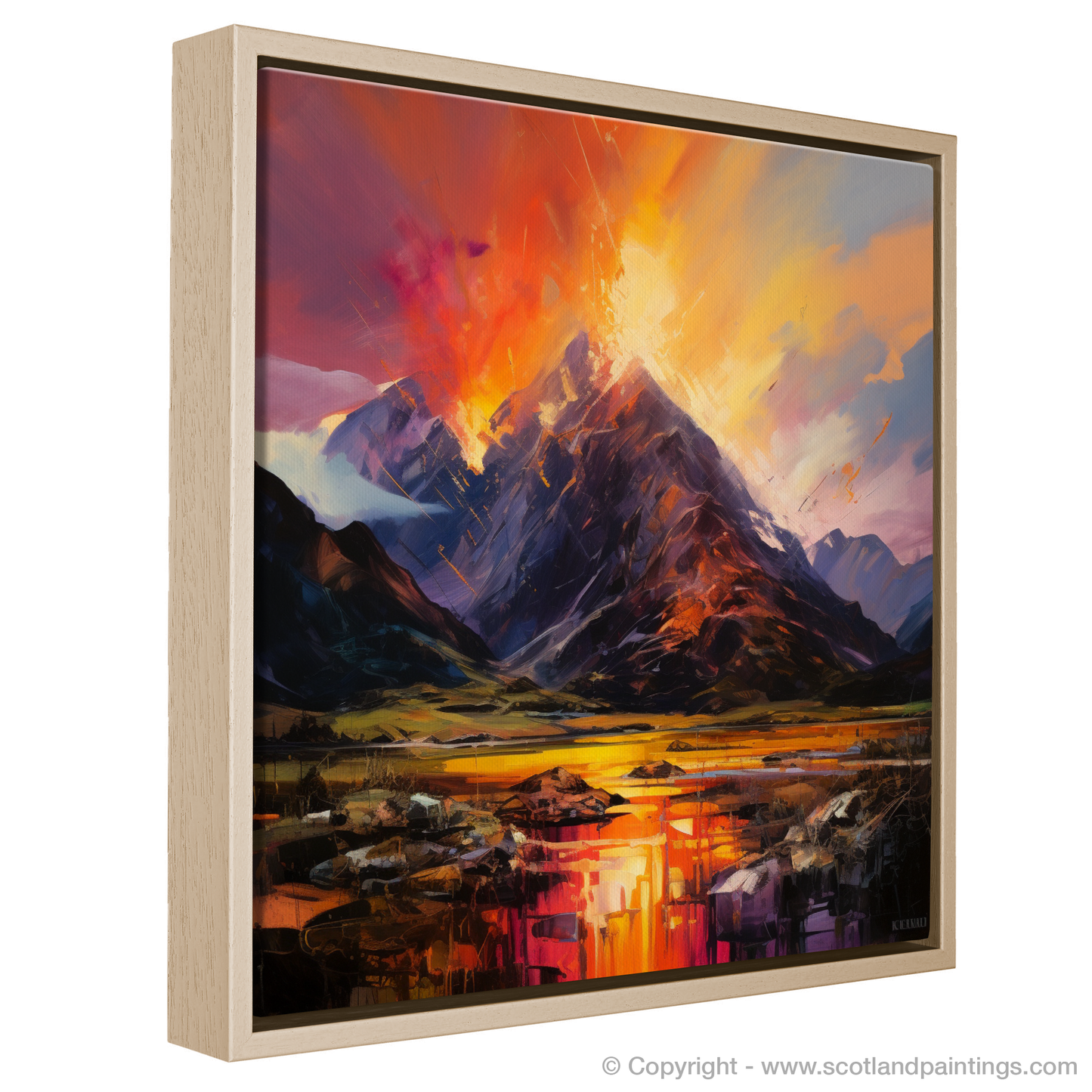 Painting and Art Print of Fiery sky over peaks in Glencoe entitled "Fiery Sky Over Glencoe Peaks: An Expressionist Tribute to Scotland's Wild Beauty".