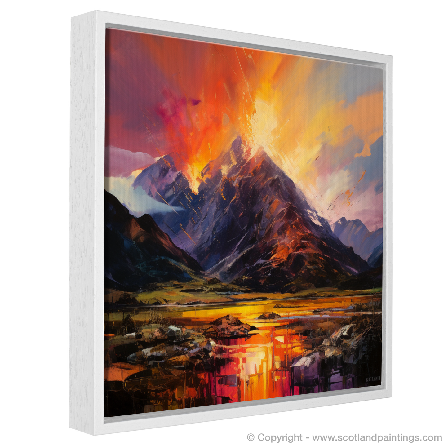 Painting and Art Print of Fiery sky over peaks in Glencoe entitled "Fiery Sky Over Glencoe Peaks: An Expressionist Tribute to Scotland's Wild Beauty".