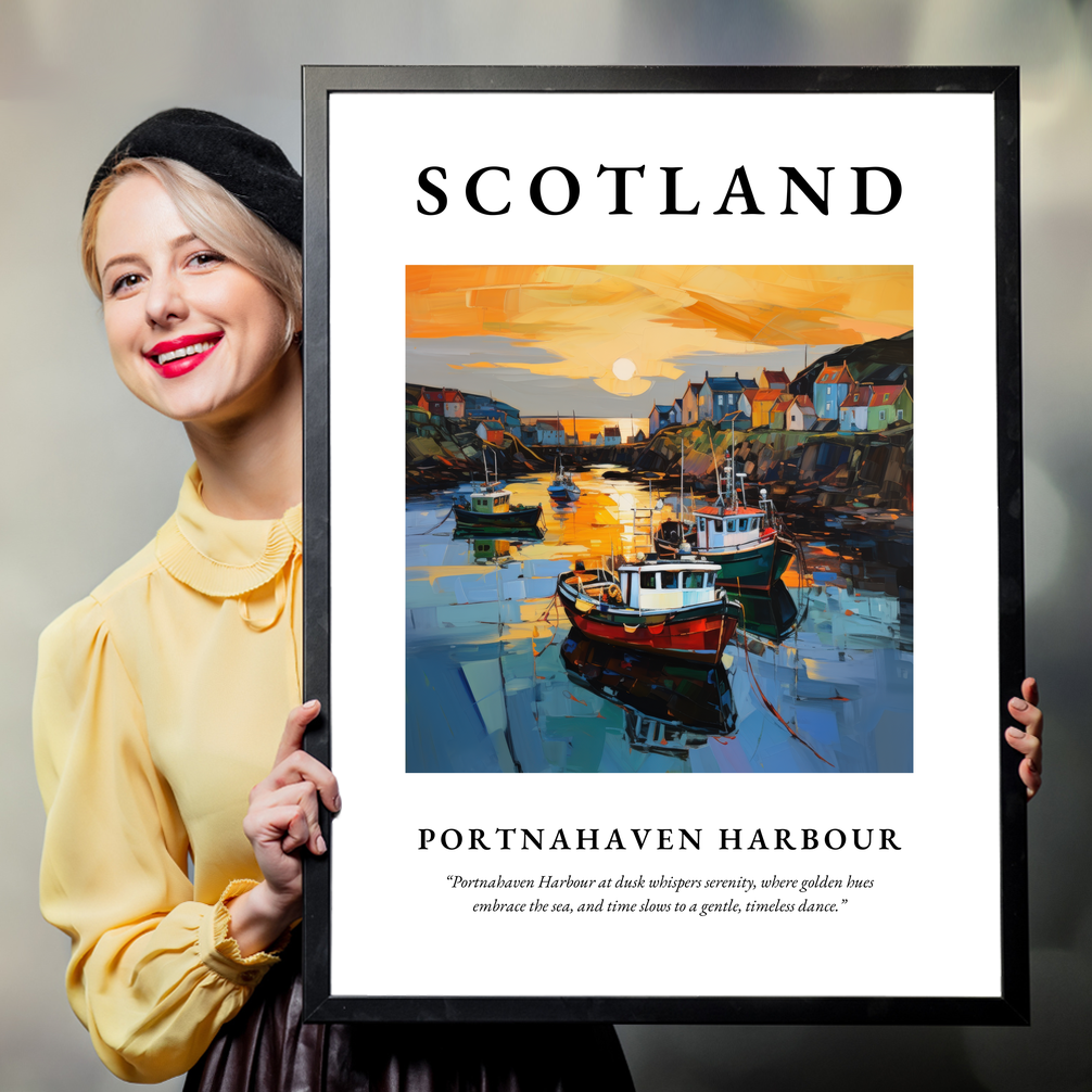 Person holding a poster of Portnahaven Harbour