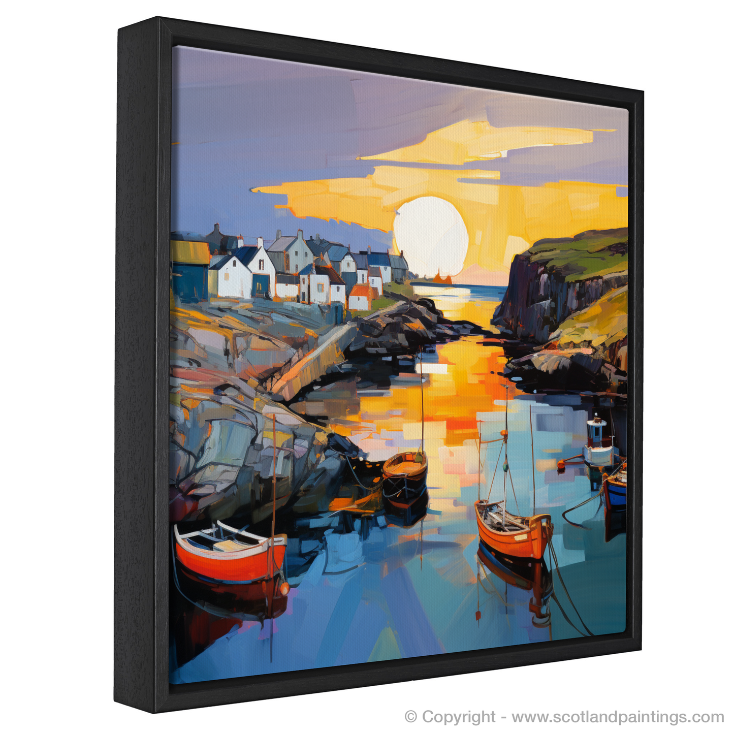 Painting and Art Print of Portnahaven Harbour at dusk entitled "Dusk at Portnahaven: An Expressionist Ode to Scottish Coastal Elegance".