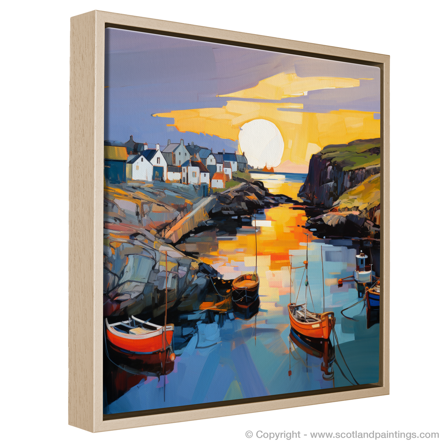 Painting and Art Print of Portnahaven Harbour at dusk entitled "Dusk at Portnahaven: An Expressionist Ode to Scottish Coastal Elegance".