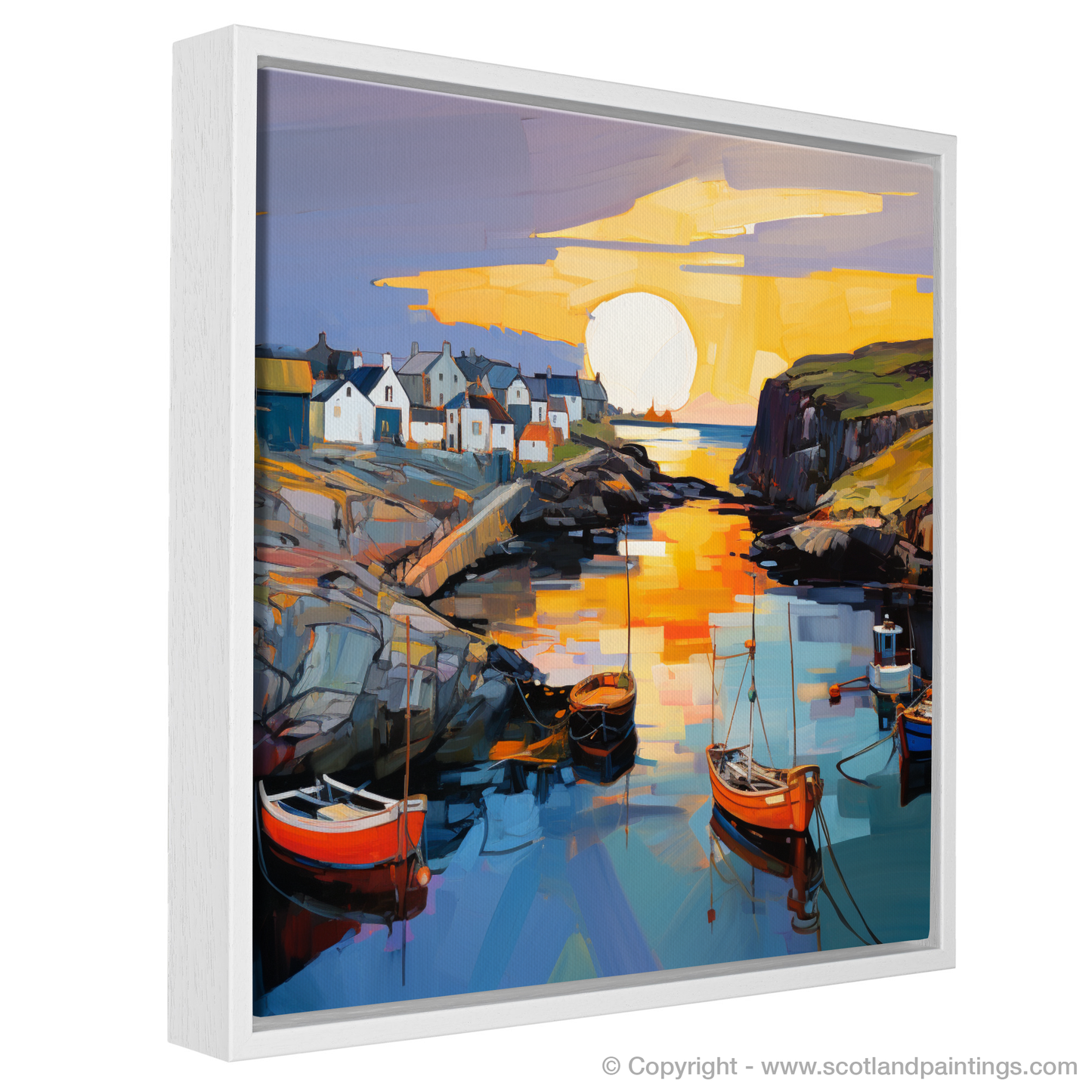 Painting and Art Print of Portnahaven Harbour at dusk entitled "Dusk at Portnahaven: An Expressionist Ode to Scottish Coastal Elegance".