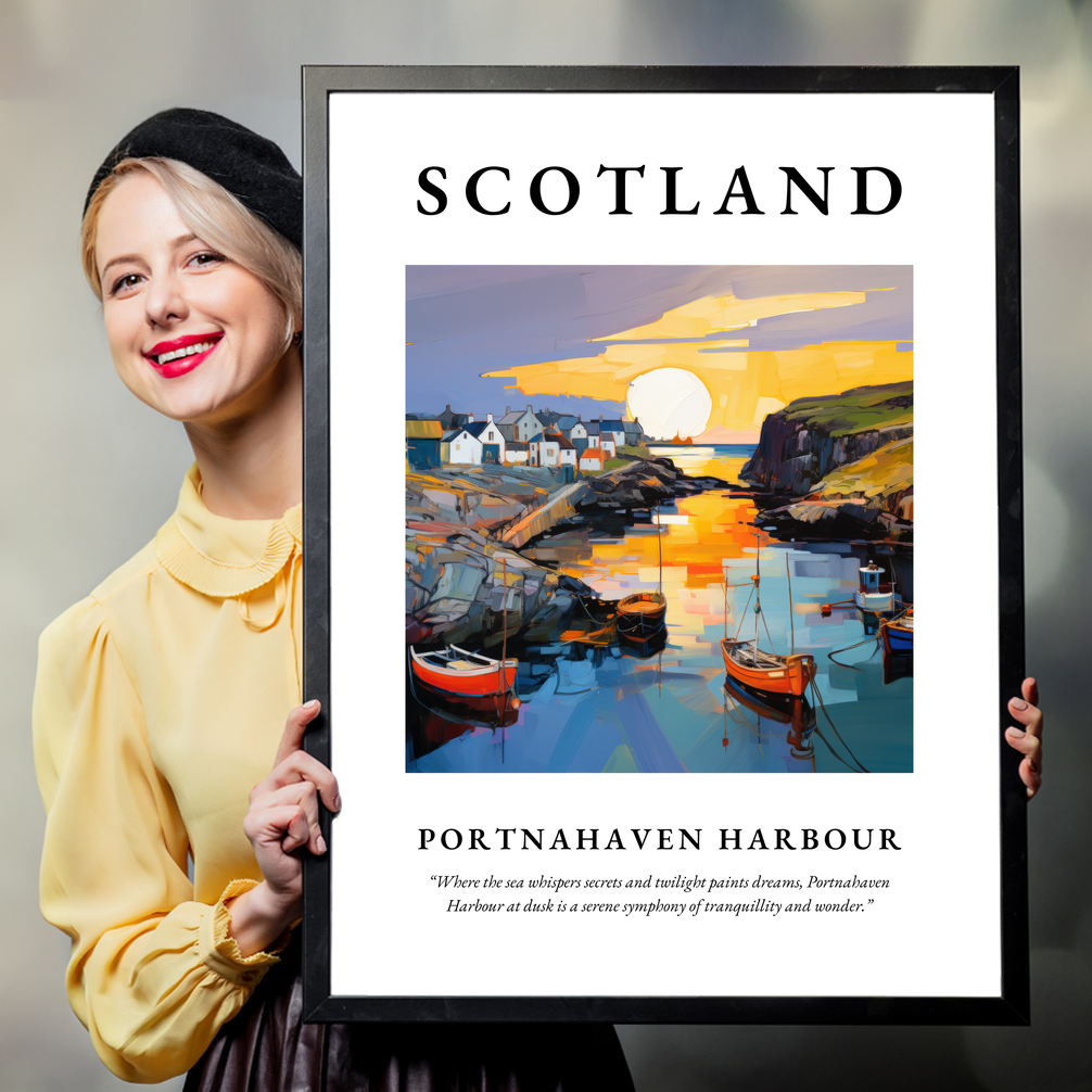 Person holding a poster of Portnahaven Harbour