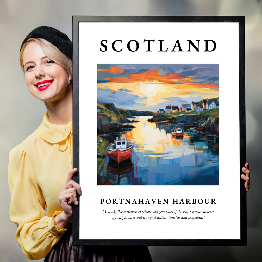 Person holding a poster of Portnahaven Harbour