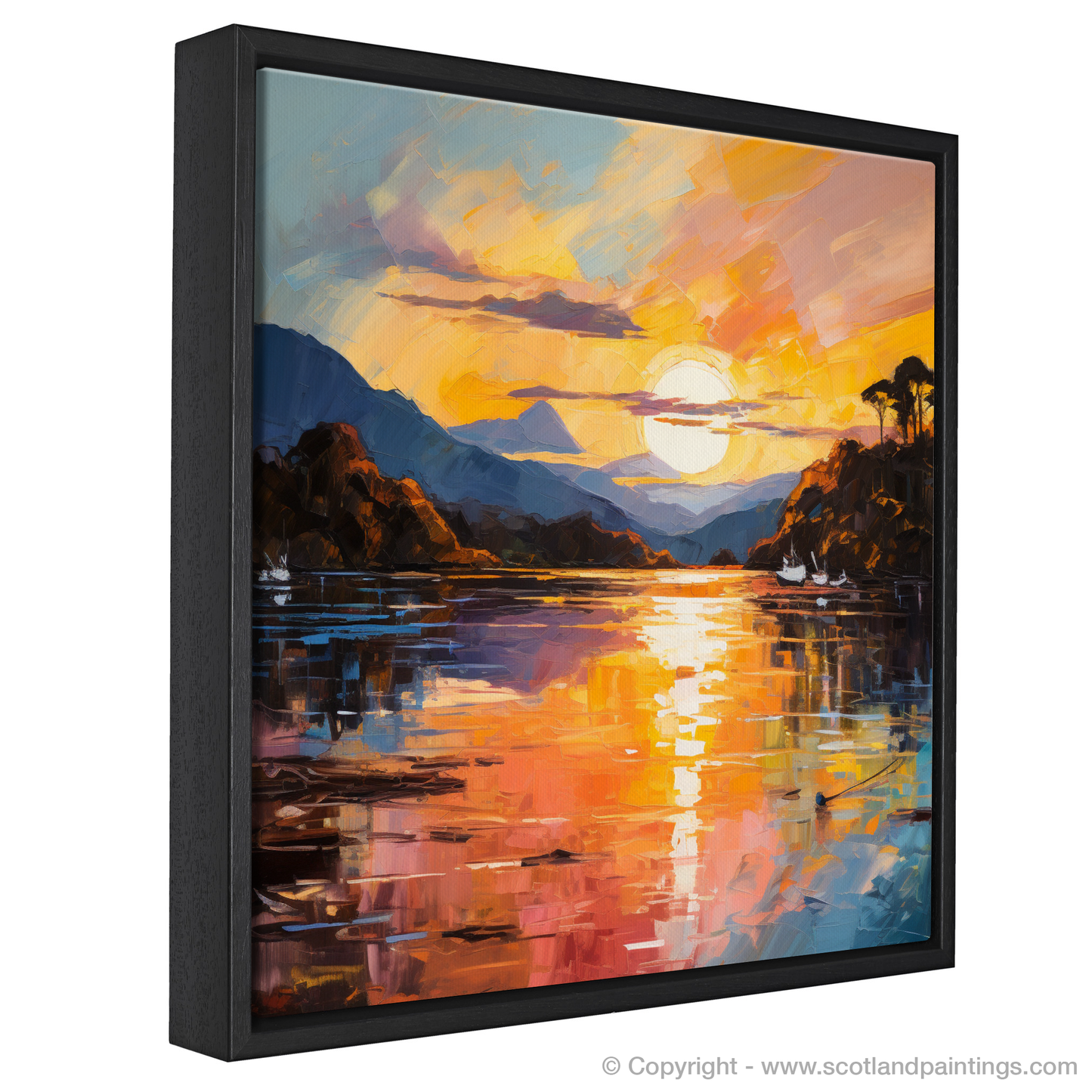 Painting and Art Print of Golden hour at Loch Lomond entitled "Golden Hour Embrace at Loch Lomond".