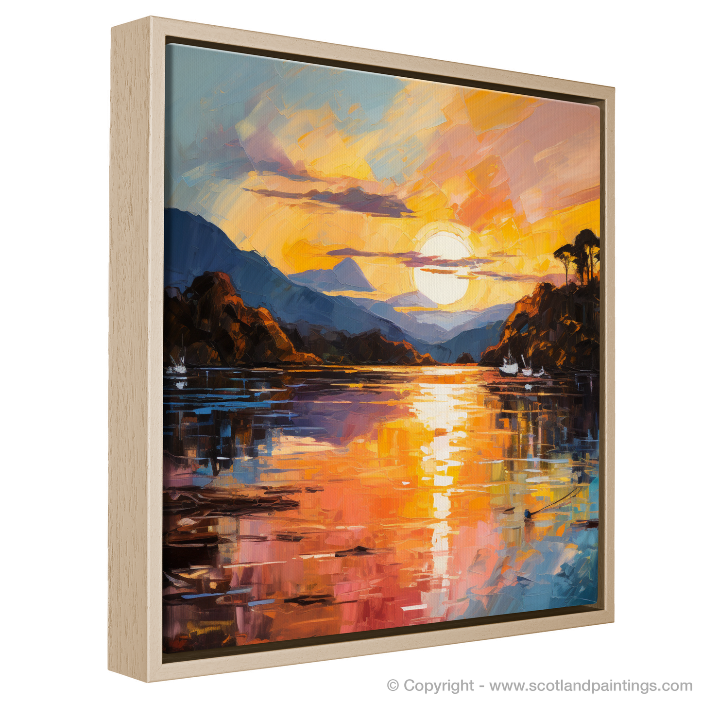 Painting and Art Print of Golden hour at Loch Lomond entitled "Golden Hour Embrace at Loch Lomond".