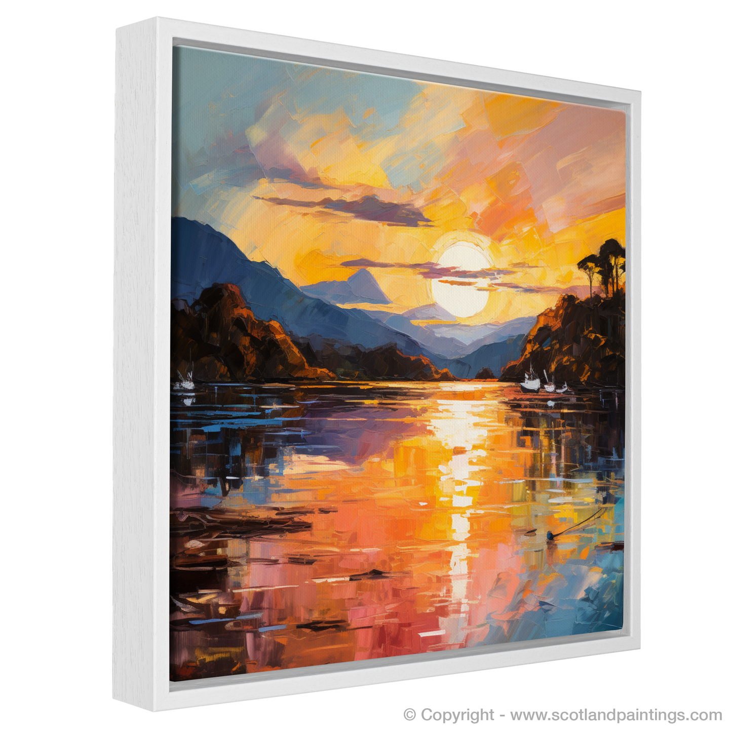 Painting and Art Print of Golden hour at Loch Lomond entitled "Golden Hour Embrace at Loch Lomond".