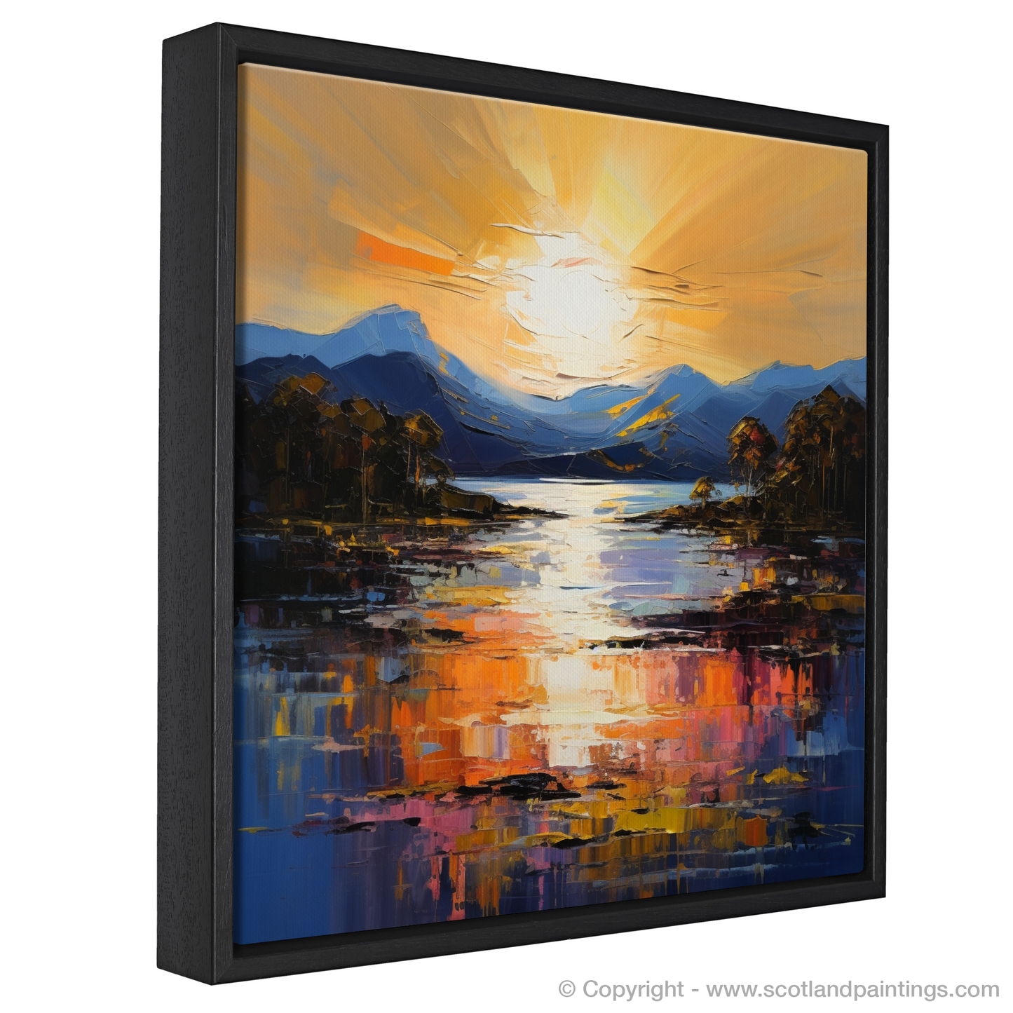 Painting and Art Print of Golden hour at Loch Lomond entitled "Golden Hour Radiance at Loch Lomond".