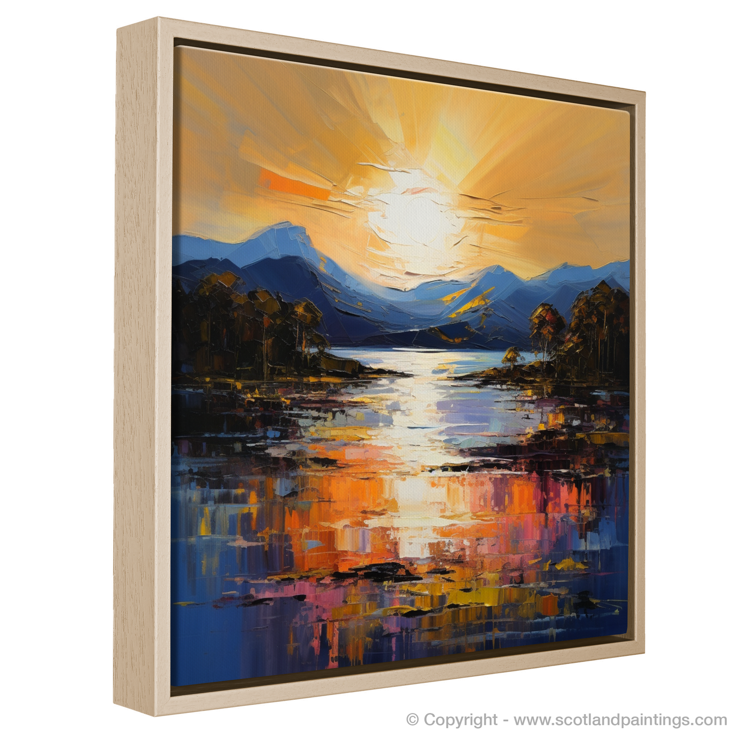 Painting and Art Print of Golden hour at Loch Lomond entitled "Golden Hour Radiance at Loch Lomond".