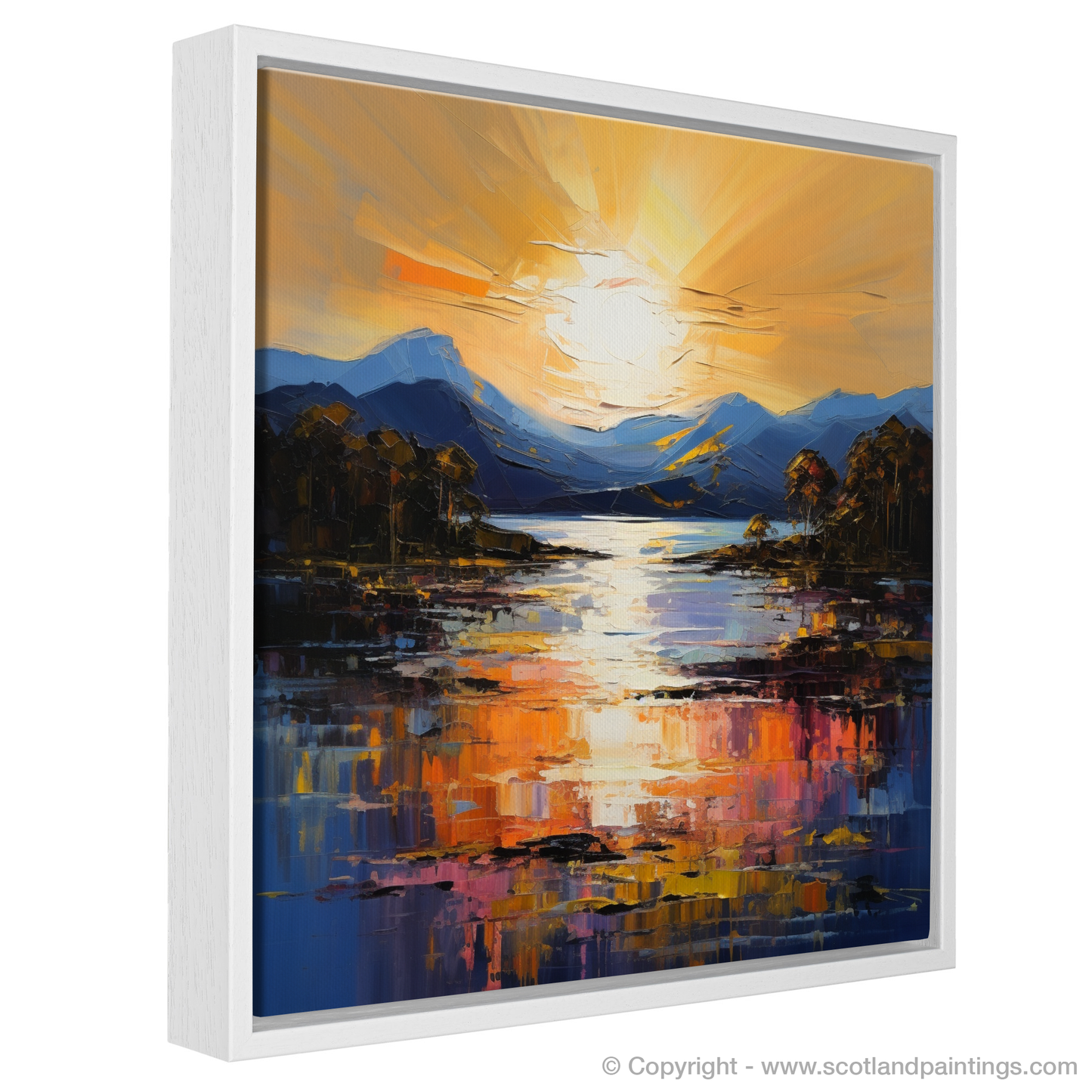 Painting and Art Print of Golden hour at Loch Lomond entitled "Golden Hour Radiance at Loch Lomond".