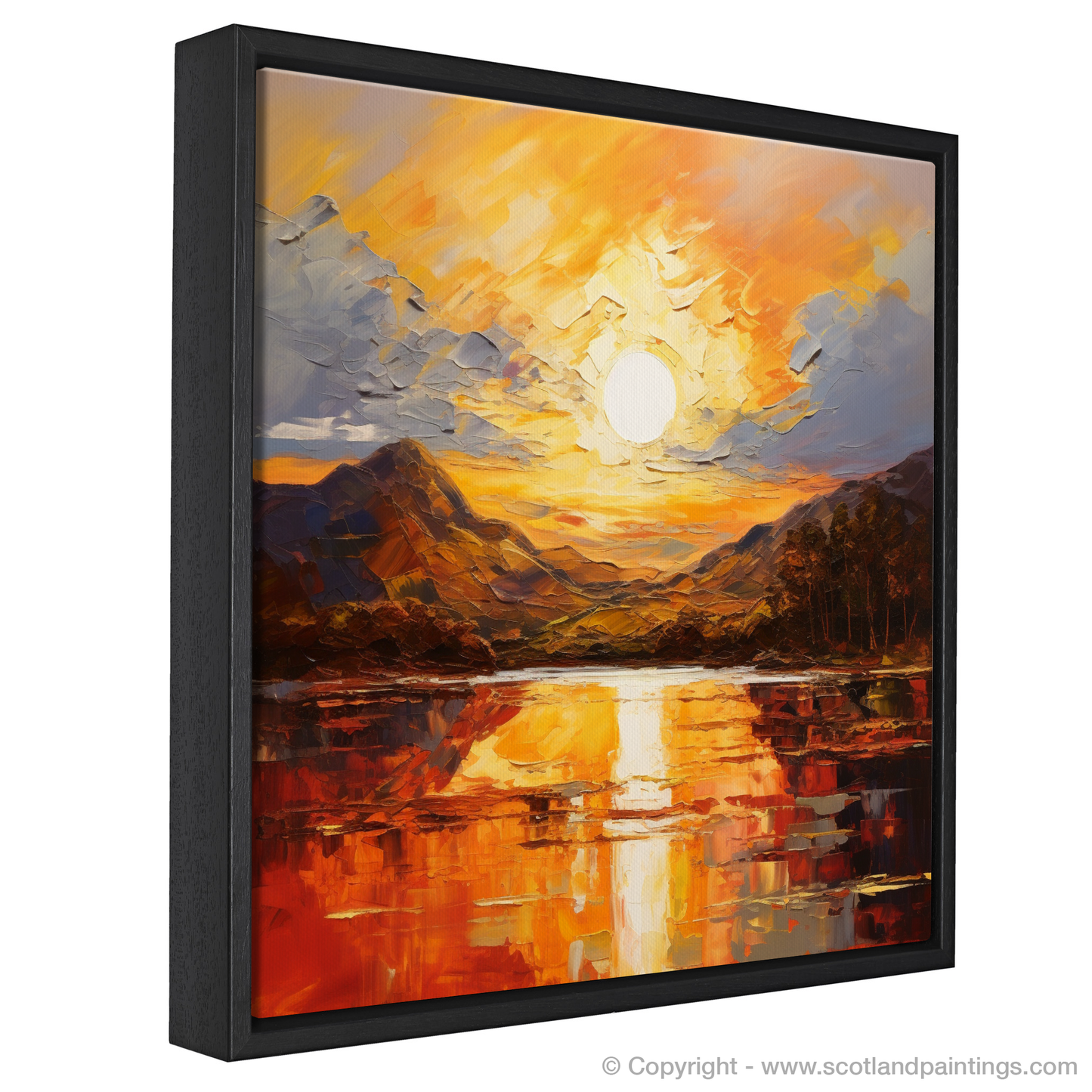 Painting and Art Print of Golden hour at Loch Lomond entitled "Golden Hour Embrace at Loch Lomond".