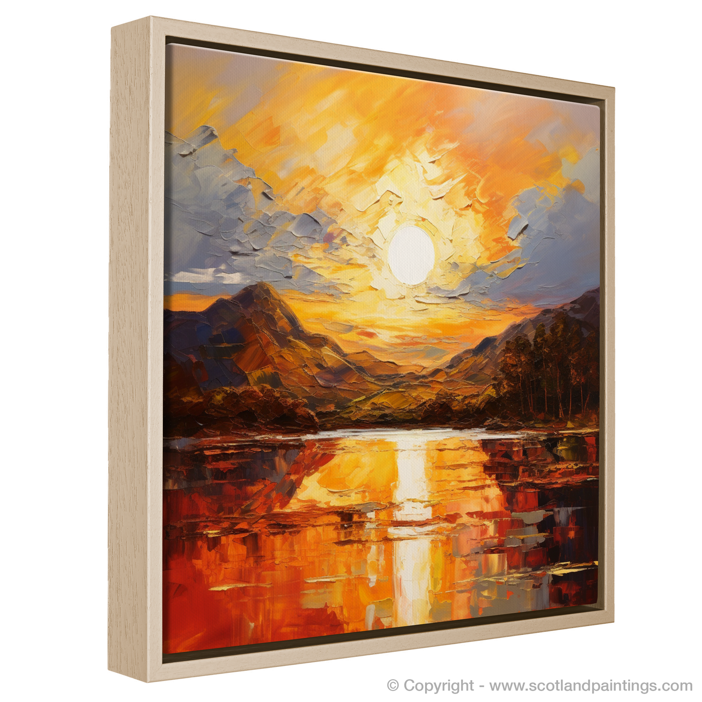 Painting and Art Print of Golden hour at Loch Lomond entitled "Golden Hour Embrace at Loch Lomond".