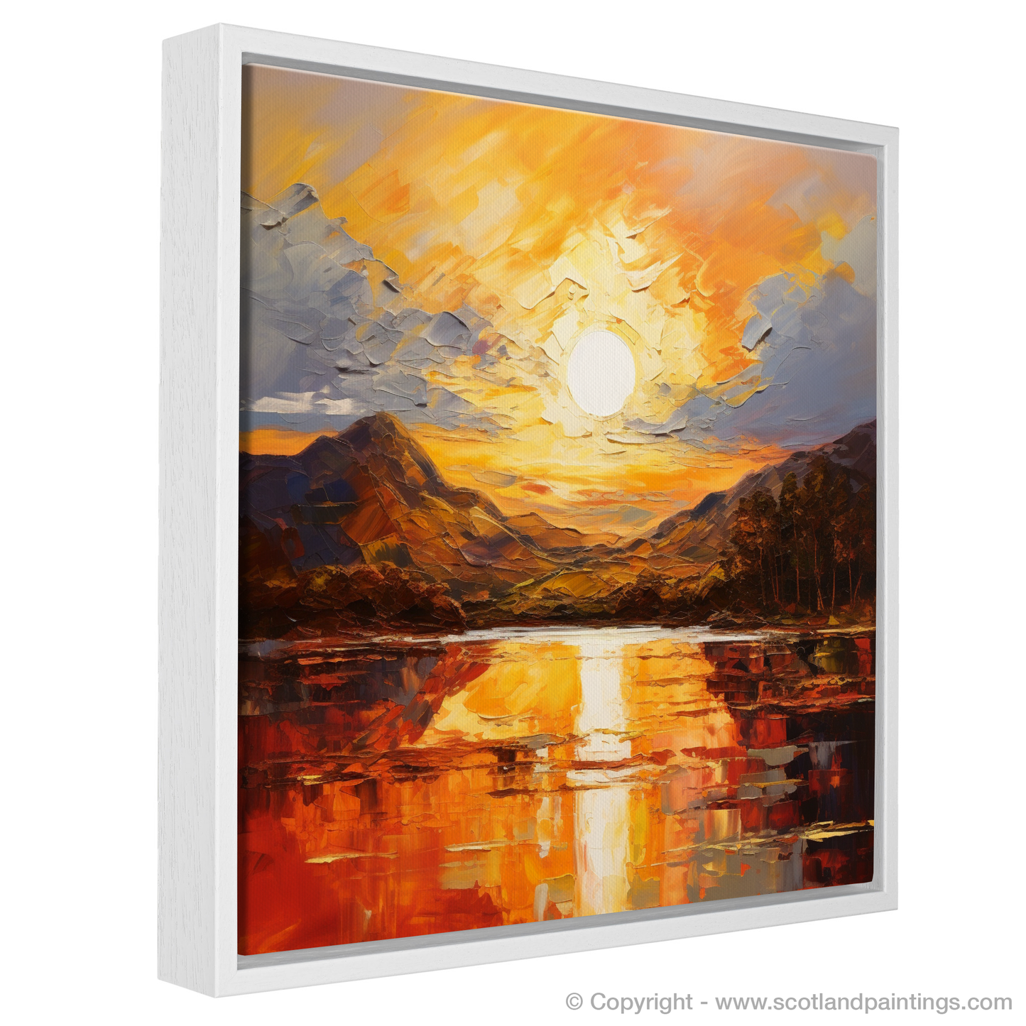 Painting and Art Print of Golden hour at Loch Lomond entitled "Golden Hour Embrace at Loch Lomond".