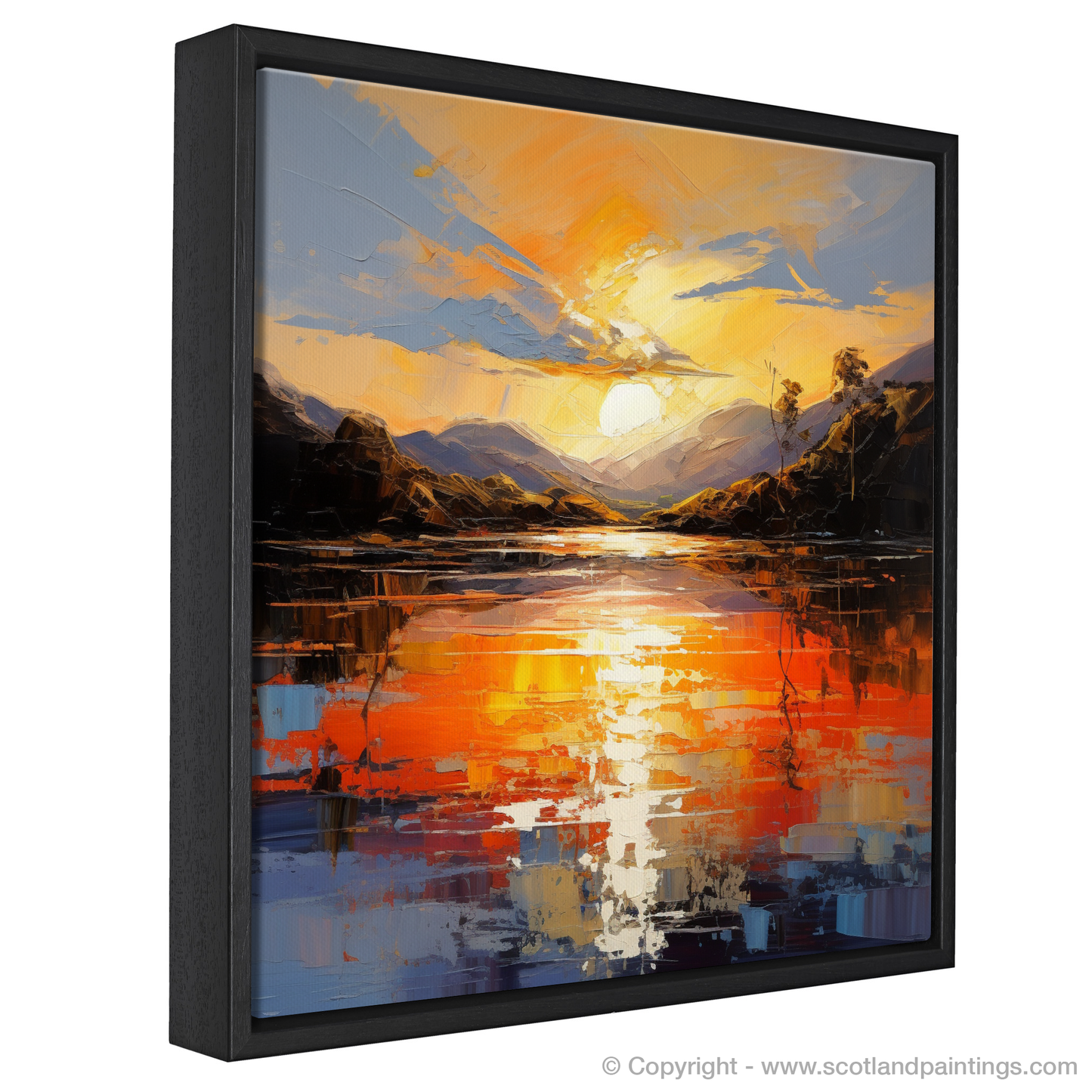 Painting and Art Print of Golden hour at Loch Lomond entitled "Golden Hour Radiance at Loch Lomond".