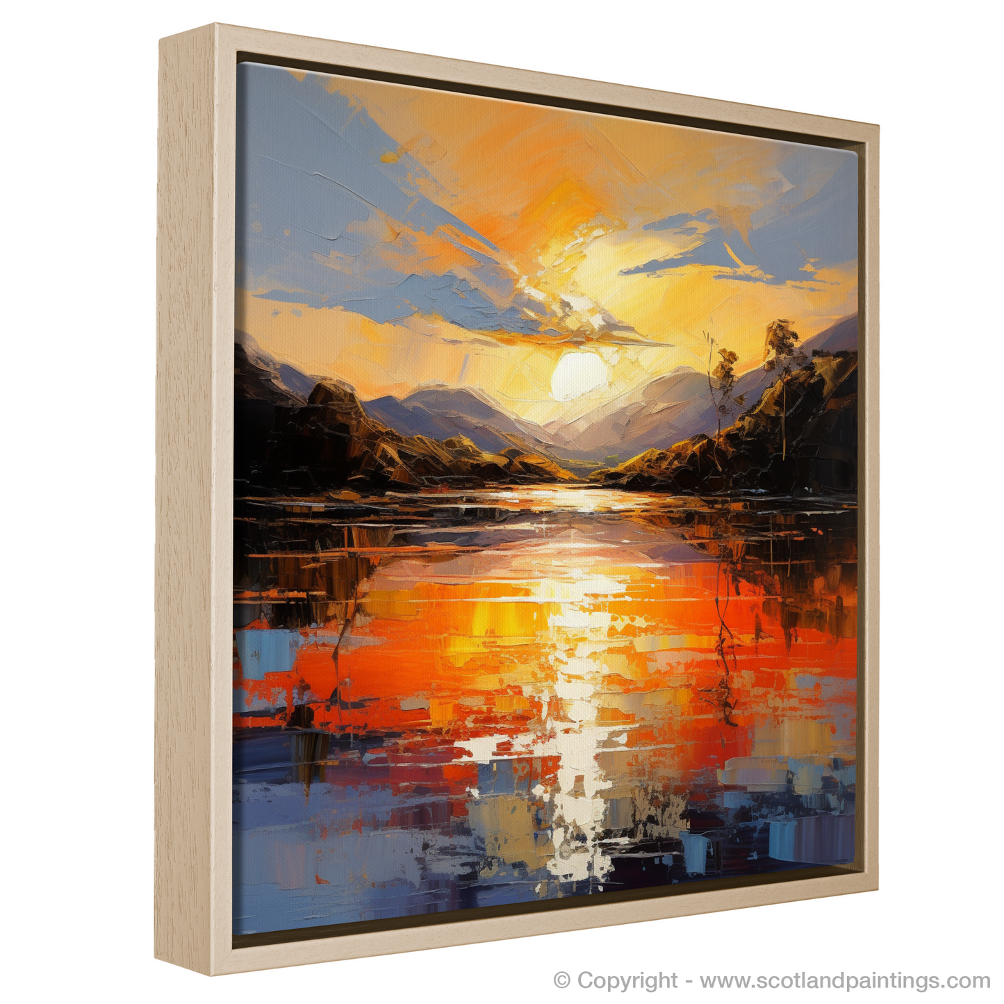 Painting and Art Print of Golden hour at Loch Lomond entitled "Golden Hour Radiance at Loch Lomond".