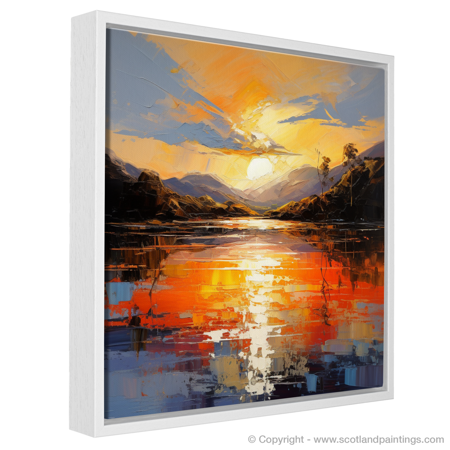 Painting and Art Print of Golden hour at Loch Lomond entitled "Golden Hour Radiance at Loch Lomond".