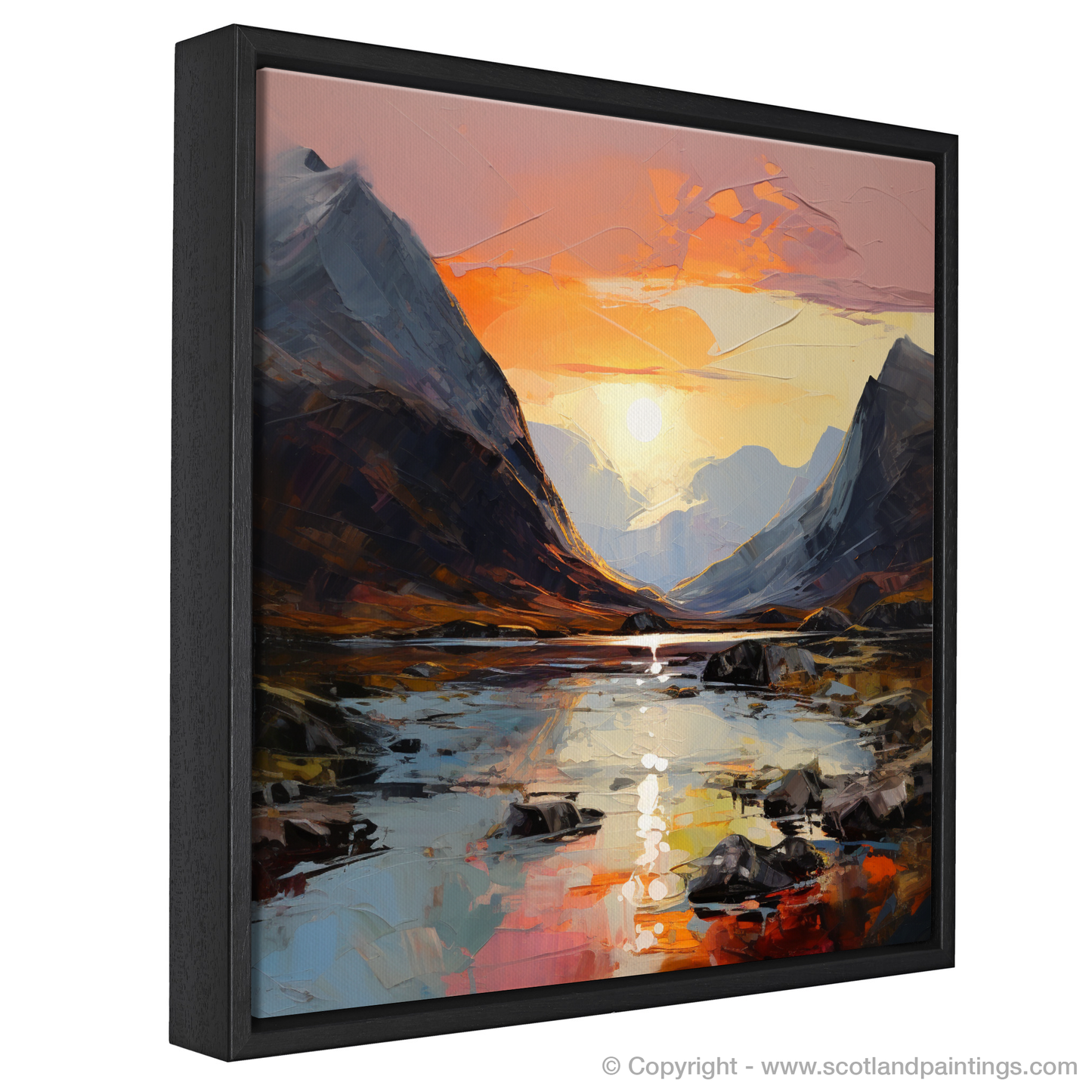 Painting and Art Print of Sunset glow in Glencoe entitled "Sunset Embers Over Glencoe Highlands".