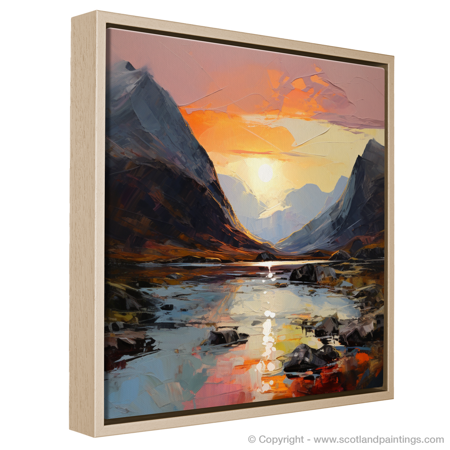 Painting and Art Print of Sunset glow in Glencoe entitled "Sunset Embers Over Glencoe Highlands".
