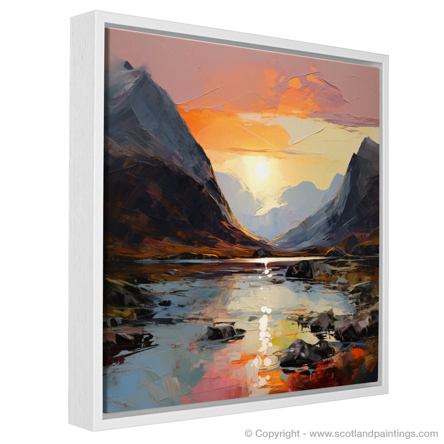 Painting and Art Print of Sunset glow in Glencoe entitled "Sunset Embers Over Glencoe Highlands".
