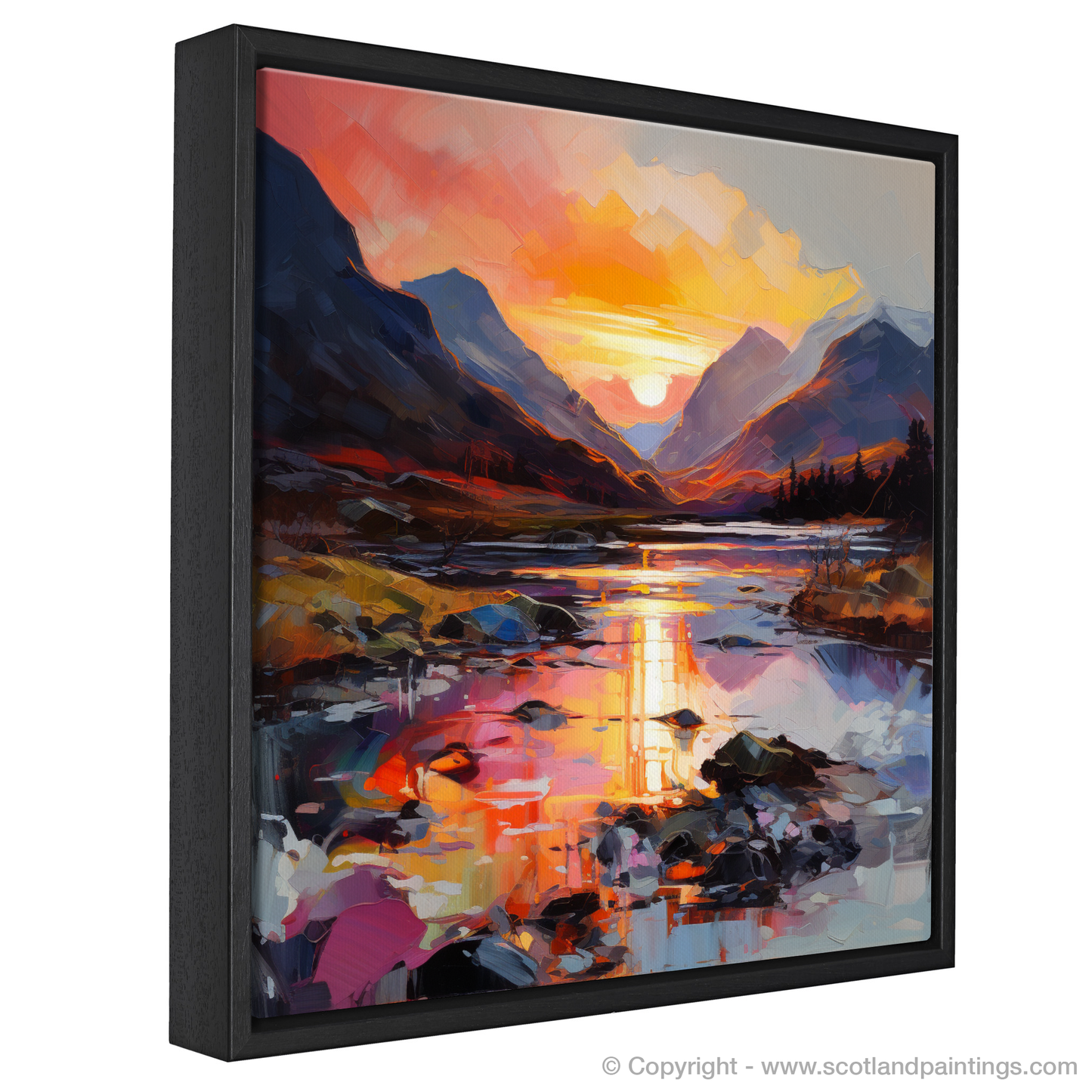 Painting and Art Print of Sunset glow in Glencoe entitled "Fiery Sunset Embrace in Glencoe".