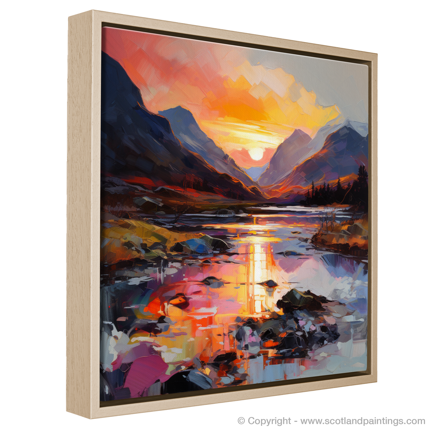 Painting and Art Print of Sunset glow in Glencoe entitled "Fiery Sunset Embrace in Glencoe".