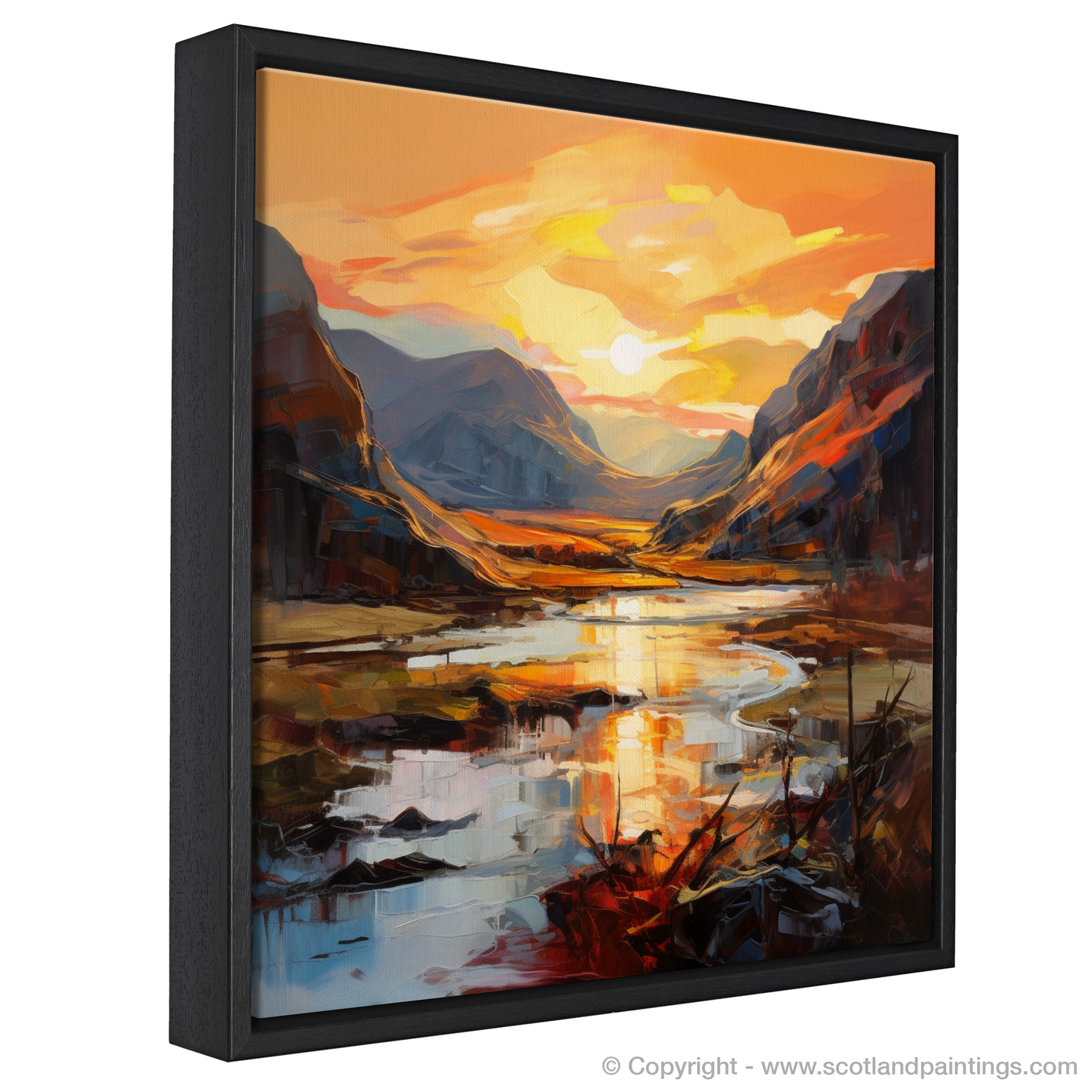 Painting and Art Print of Sunset glow in Glencoe entitled "Sunset Glow in Glencoe: An Expressionist Ode to Nature's Grandeur".