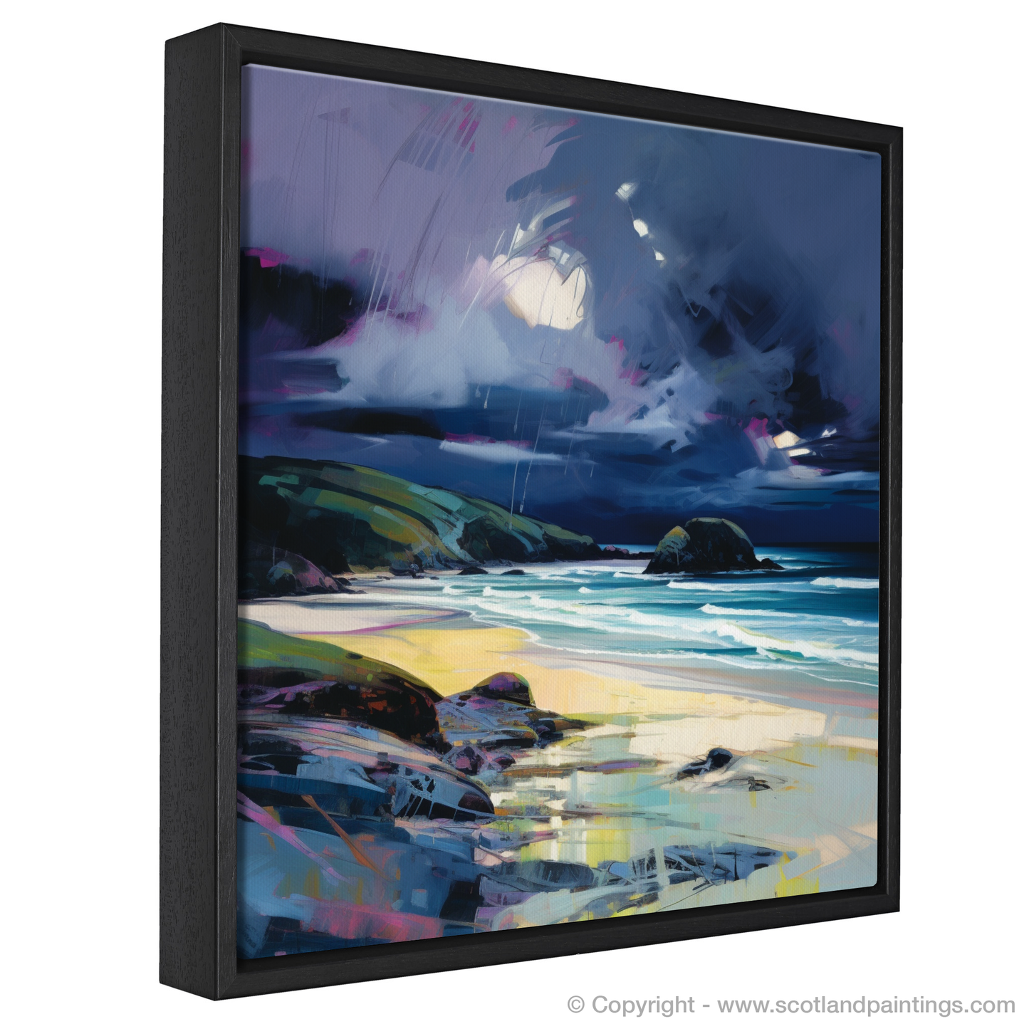 Painting and Art Print of Sandwood Bay with a stormy sky entitled "Storm's Embrace at Sandwood Bay".