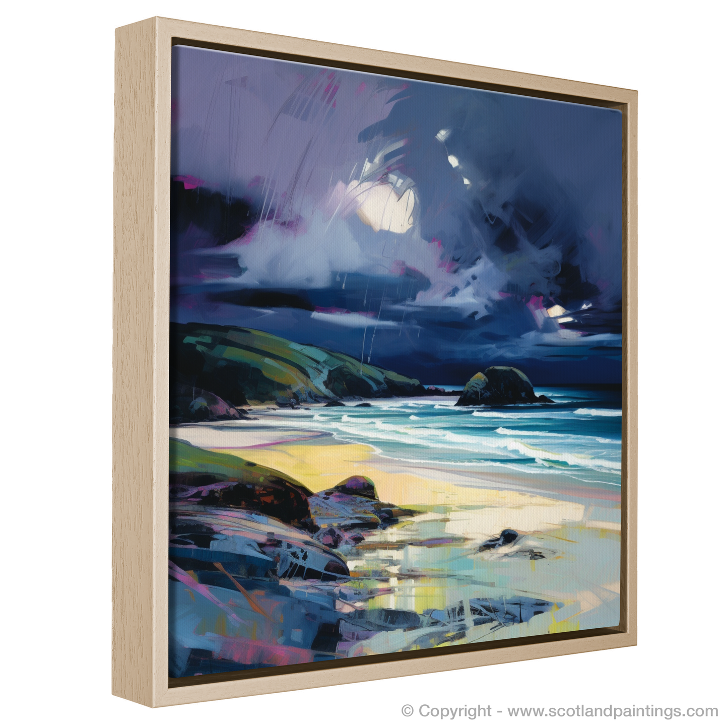 Painting and Art Print of Sandwood Bay with a stormy sky entitled "Storm's Embrace at Sandwood Bay".