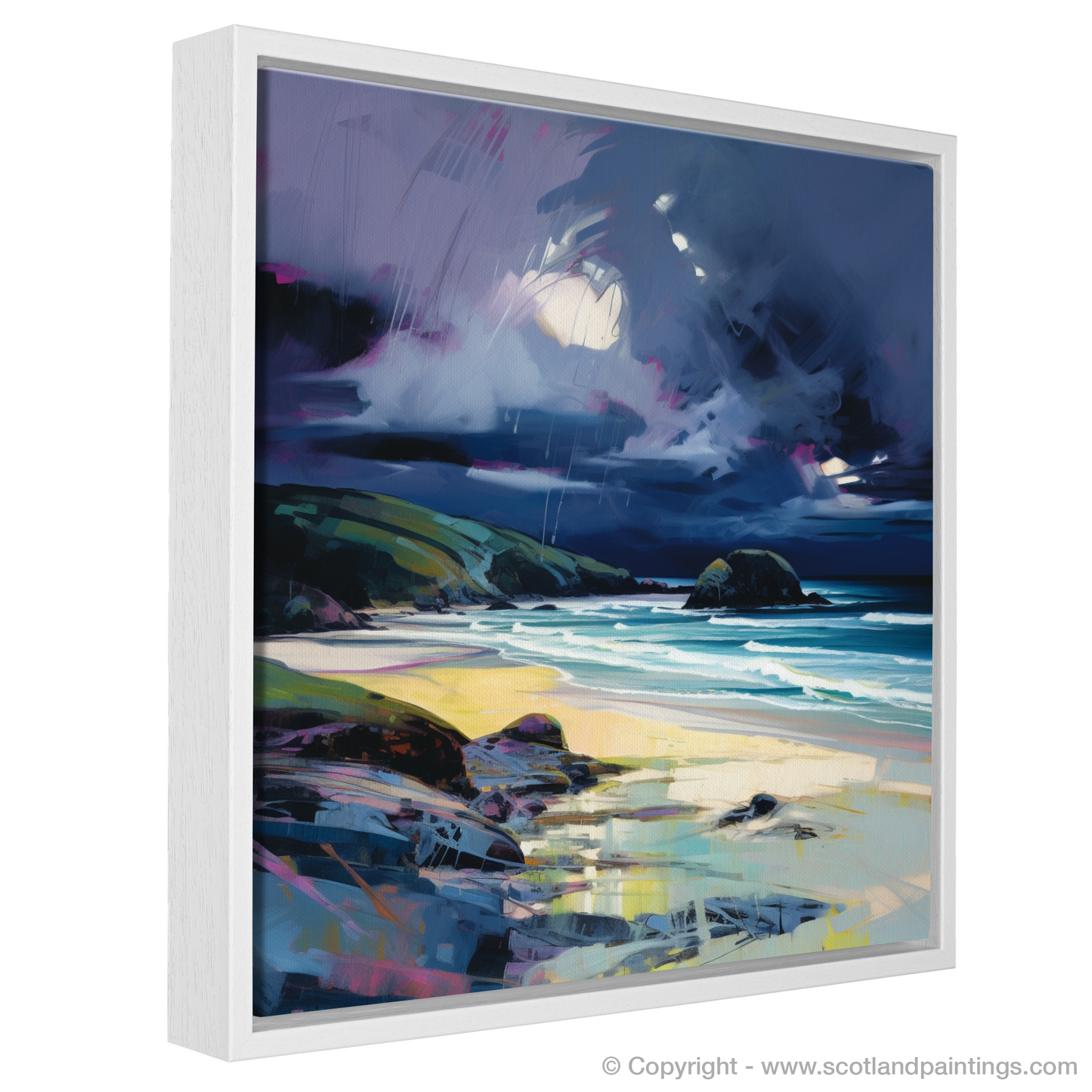 Painting and Art Print of Sandwood Bay with a stormy sky entitled "Storm's Embrace at Sandwood Bay".