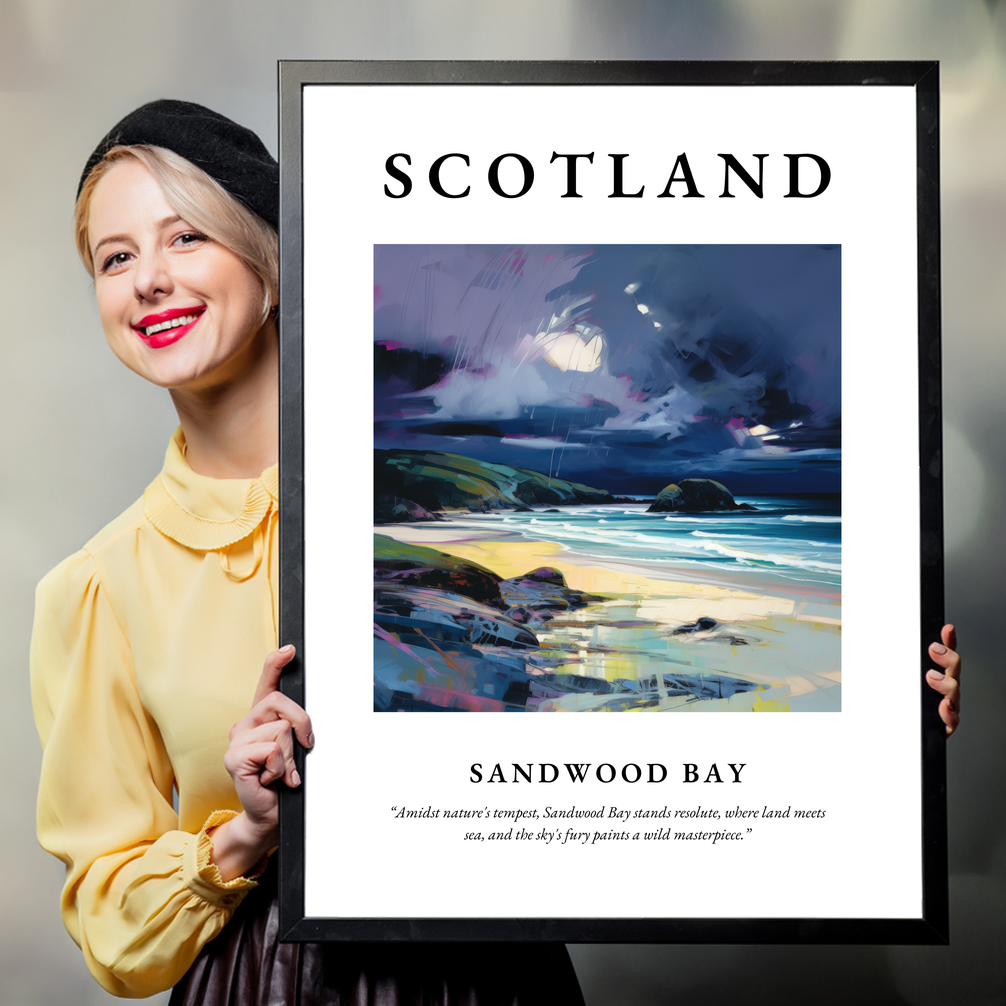 Person holding a poster of Sandwood Bay