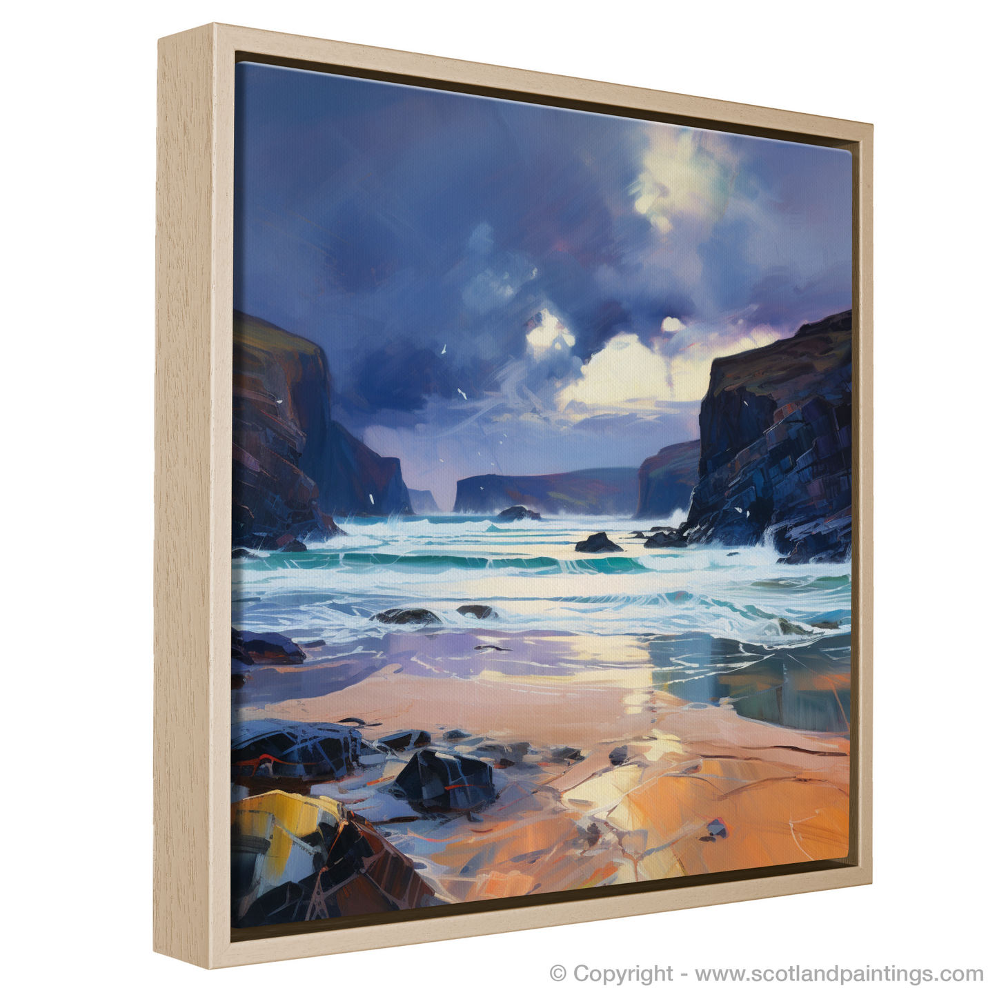 Painting and Art Print of Sandwood Bay with a stormy sky entitled "Storm over Sandwood Bay: An Expressionist Homage to Scotland's Rugged Shores".