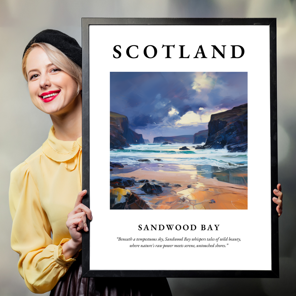 Person holding a poster of Sandwood Bay