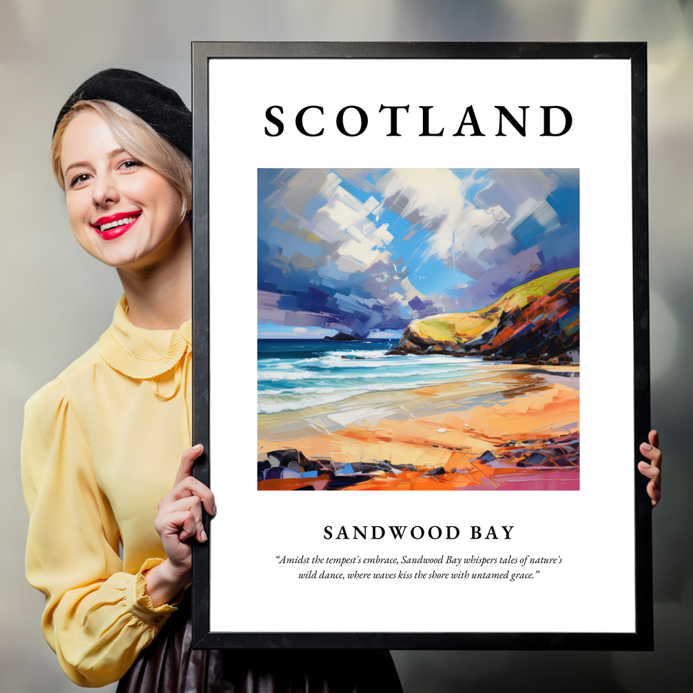 Person holding a poster of Sandwood Bay