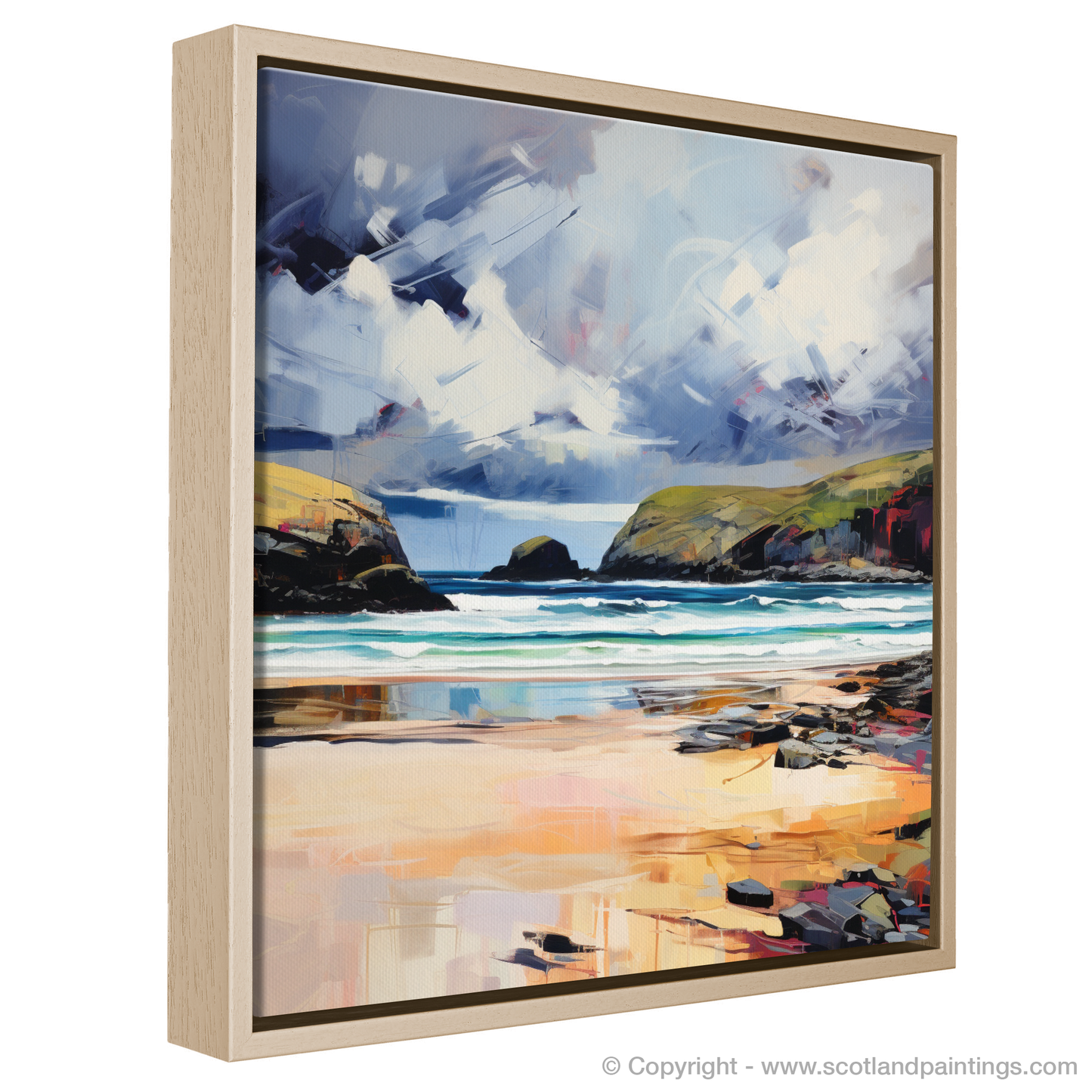 Painting and Art Print of Sandwood Bay with a stormy sky entitled "Storm's Embrace at Sandwood Bay".