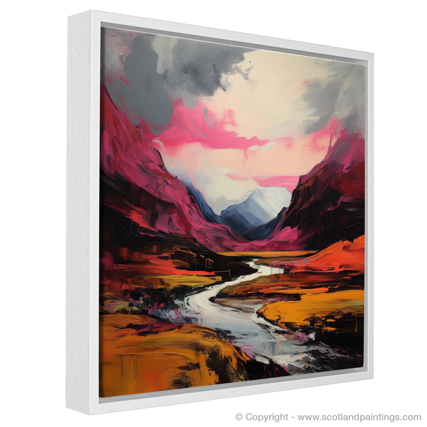 Painting and Art Print of Crimson clouds over valley in Glencoe entitled "Crimson Skies Over Glencoe Valley: An Expressionist Journey".