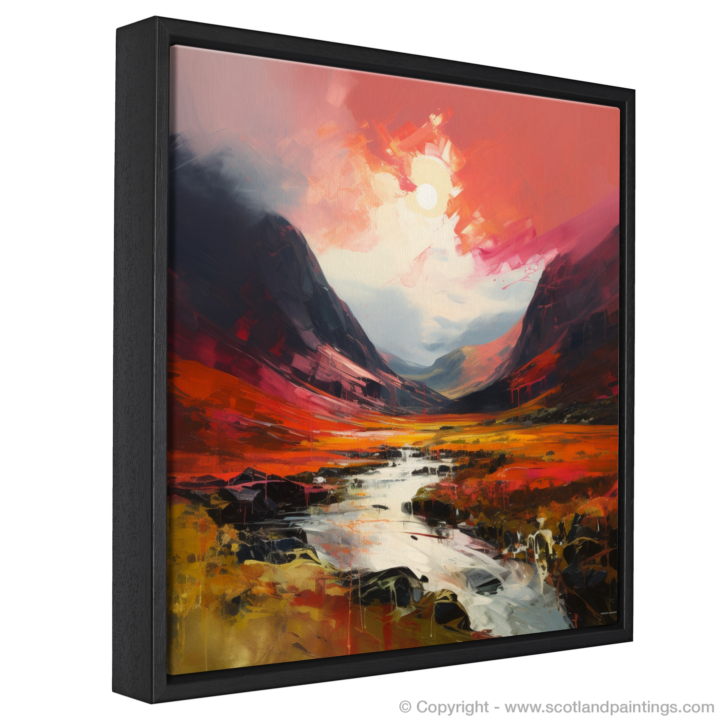 Painting and Art Print of Crimson clouds over valley in Glencoe entitled "Crimson Skies Over Glencoe Valley".