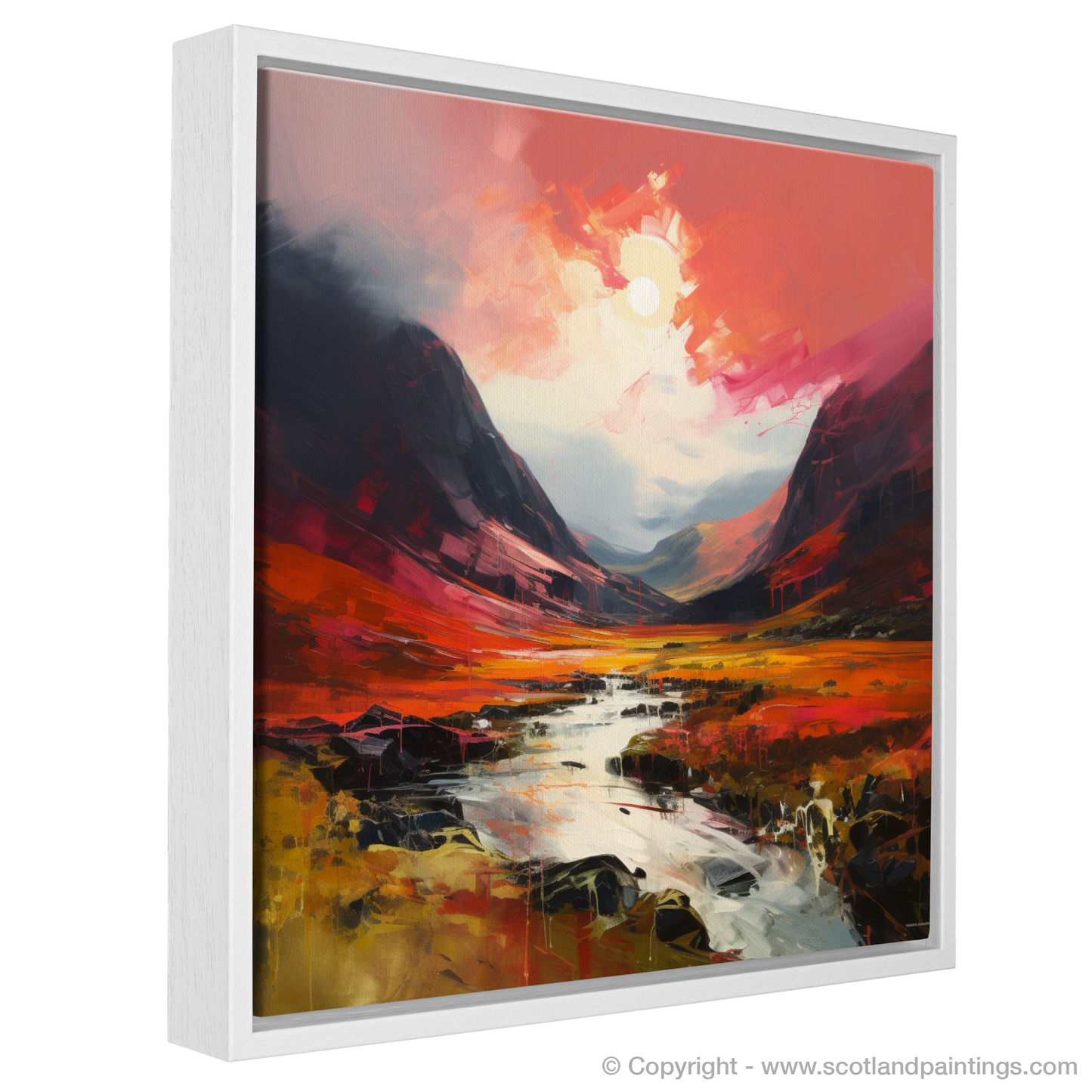 Painting and Art Print of Crimson clouds over valley in Glencoe entitled "Crimson Skies Over Glencoe Valley".