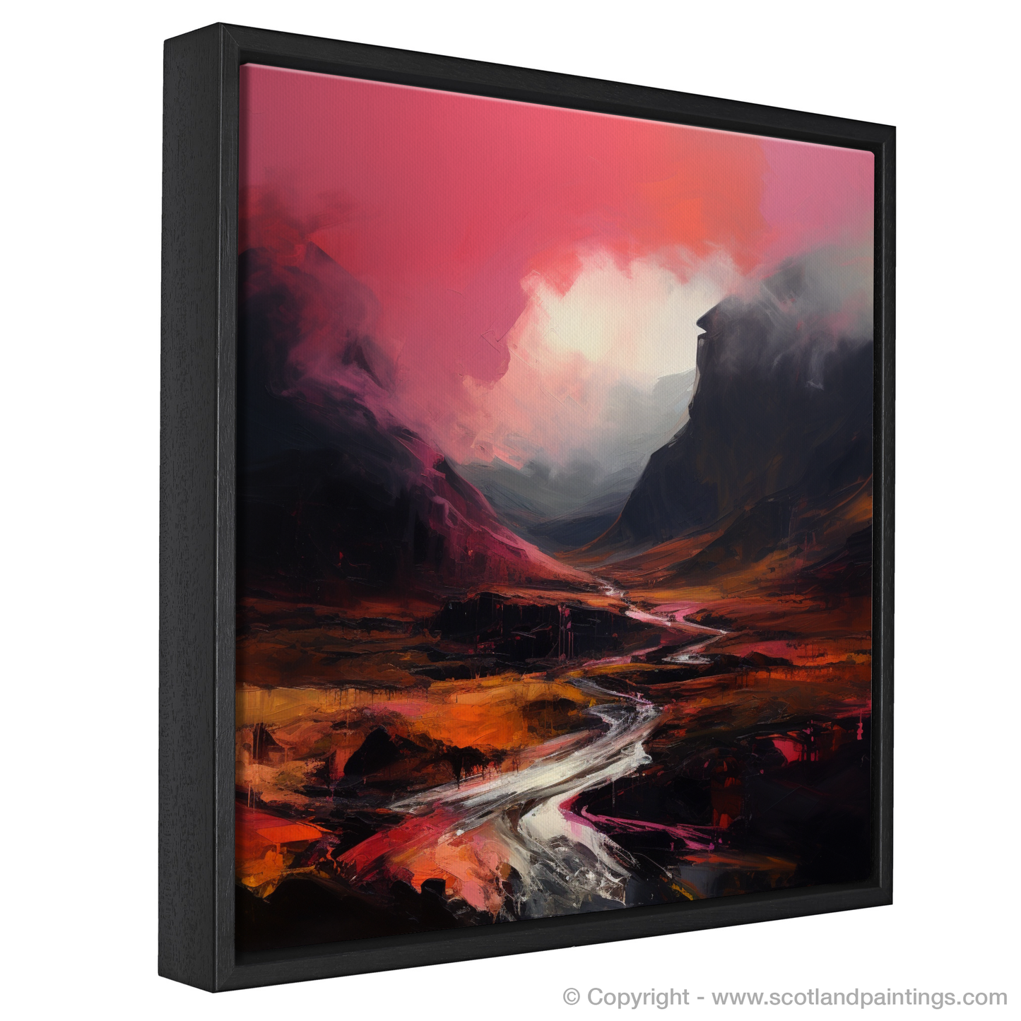 Painting and Art Print of Crimson clouds over valley in Glencoe entitled "Crimson Skies over Glencoe Valley: An Expressionist Ode to Highland Drama".